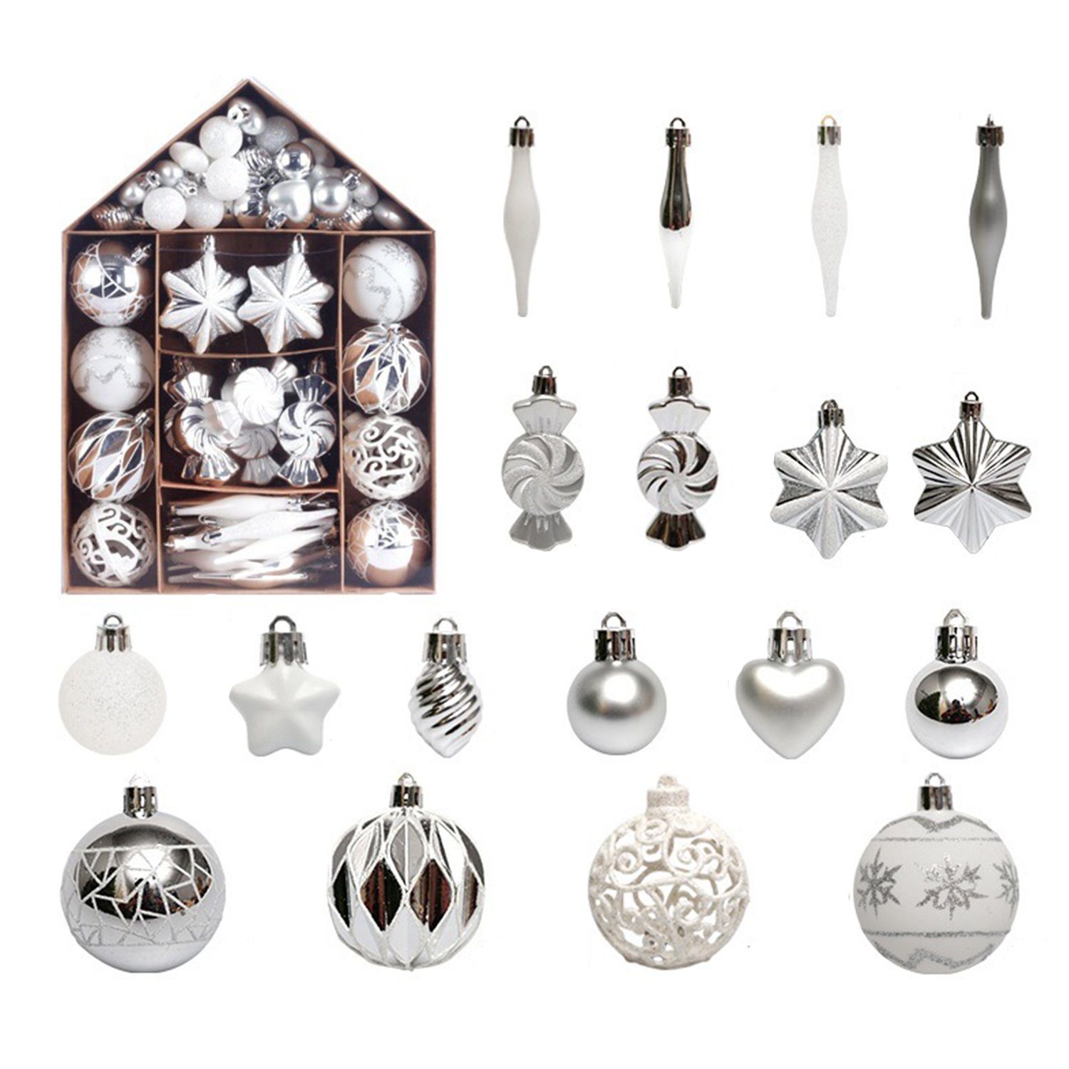MAGICSHE Weihnachtsbaumkugel Weihnachtsdeko Ornamente-Set 73tlg Silber/Weiß