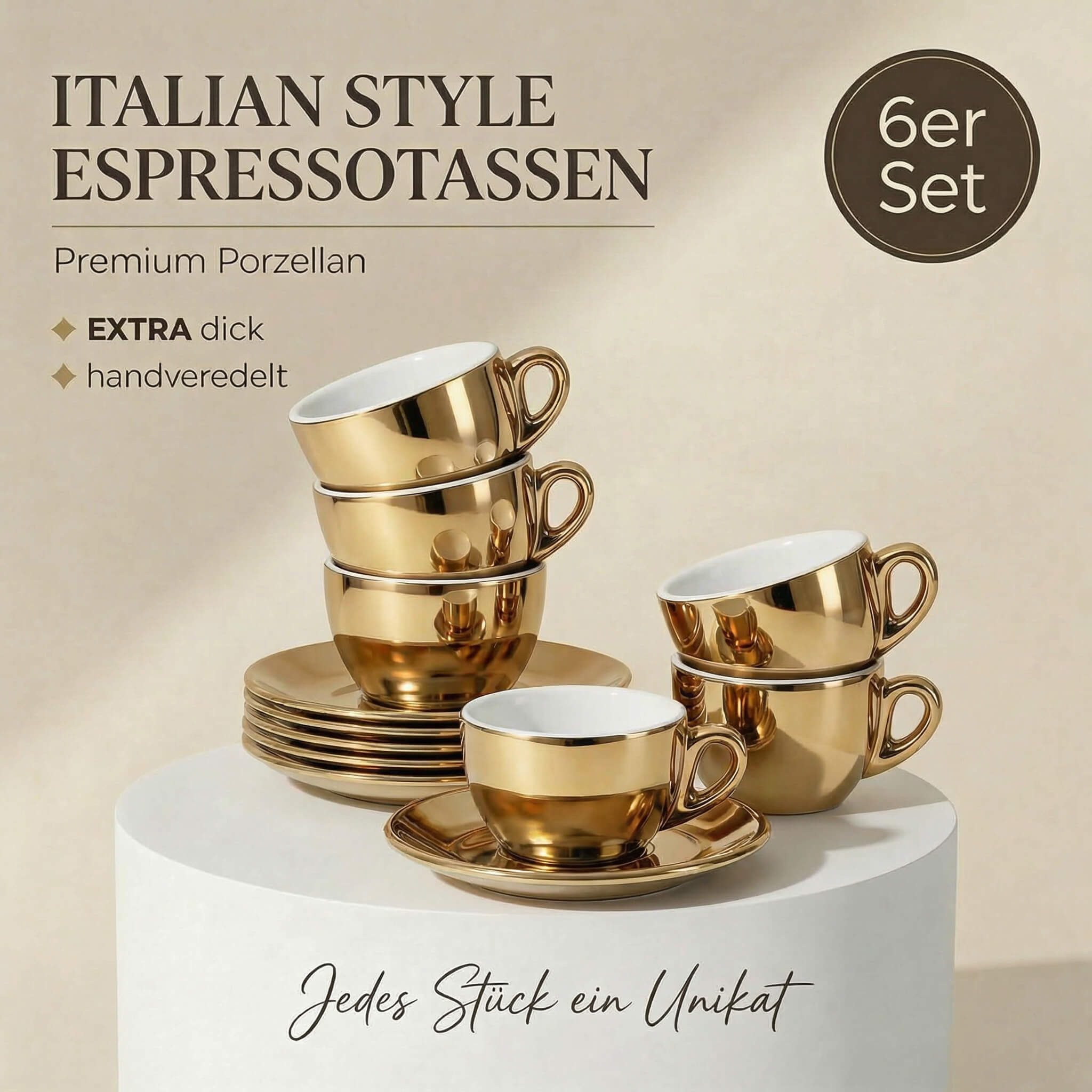 MUVELL Espressotasse 6x Espresso & Untertassen Set 0,8 cm dickwandig, goldfarben, 6-tlg., Keramik, 60 ml stoßfest und robust