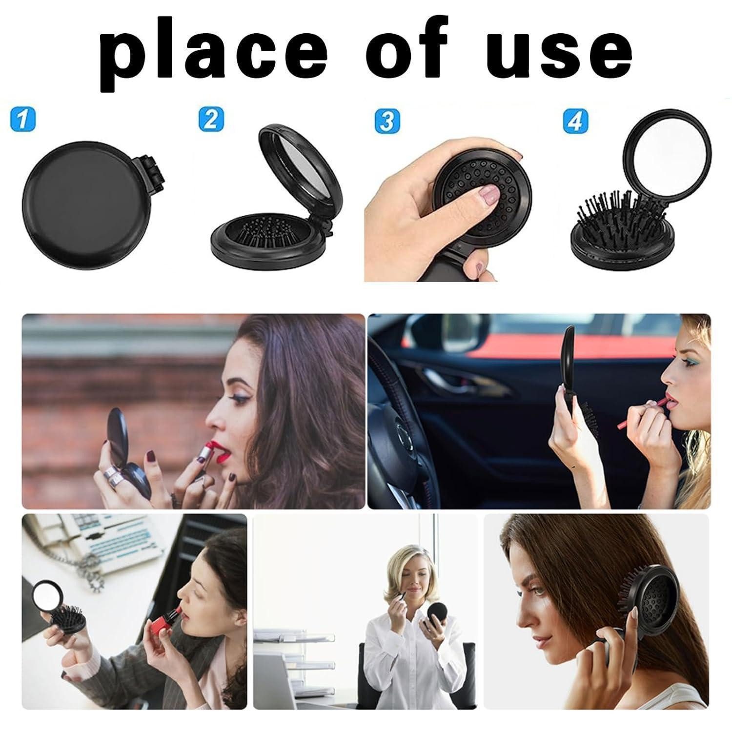 LABUYI Haarkamm Mini Haarbürste mit Spiegel, tragbarer Klappkamm, Schwarz