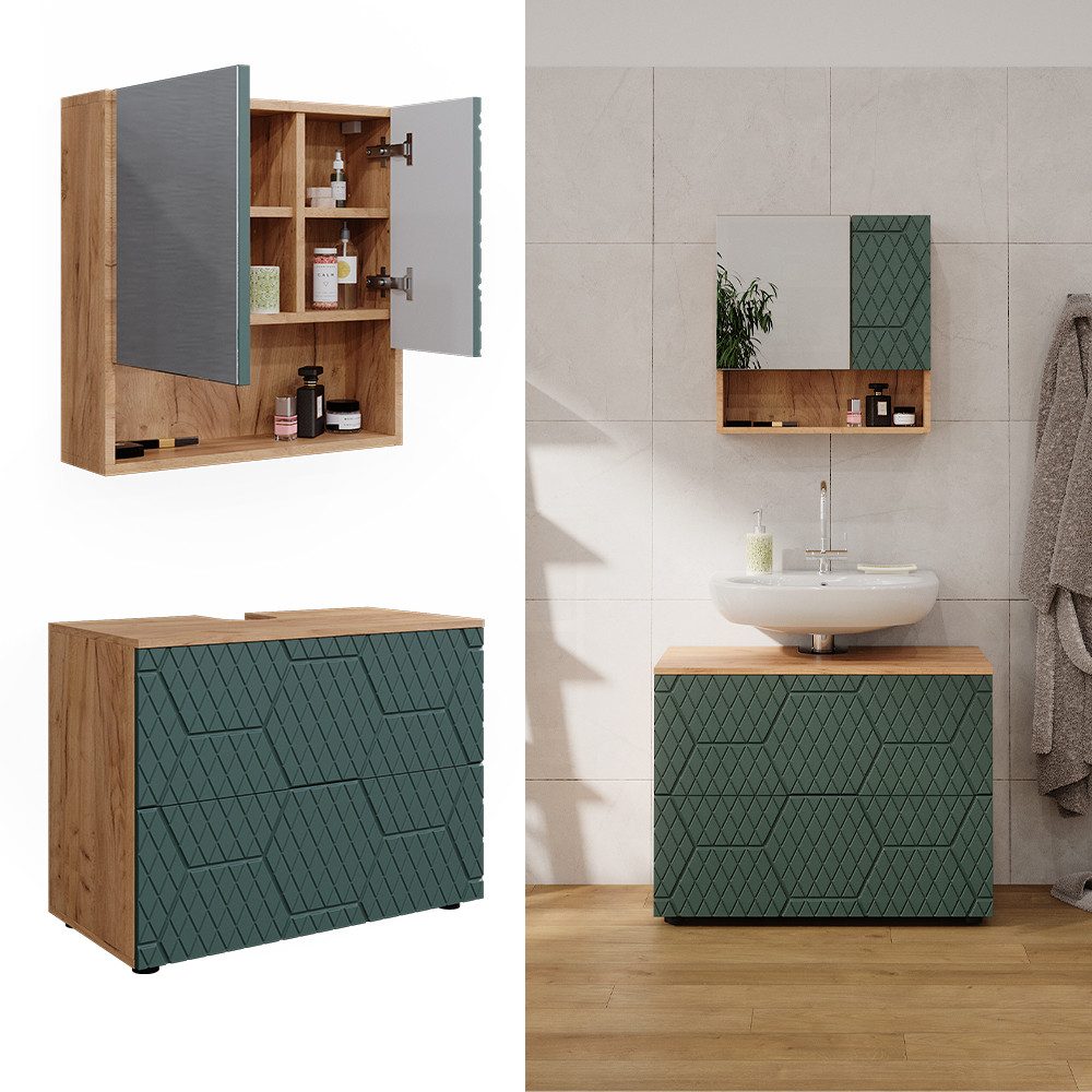 Vicco Badmöbel-Set Irma, Goldkraft Eiche/Grün, 2 günstig online kaufen