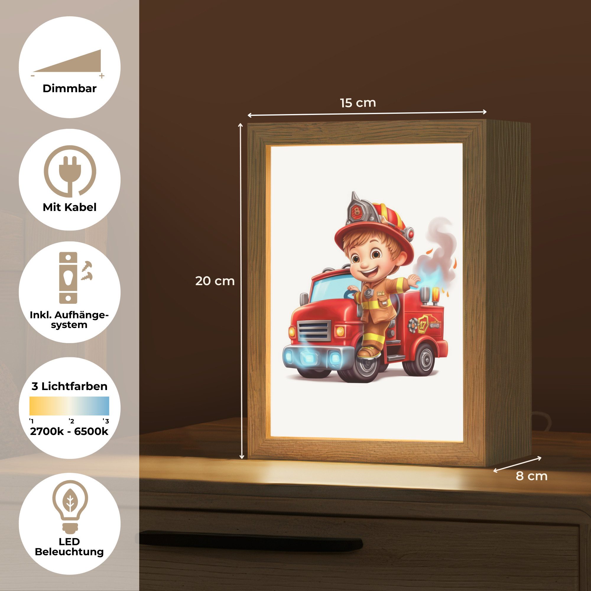 OnlyWow Nachttischlampe Lightbox Feuerwehrauto - Jungen - Kind - Rot, Dimmbar, Farbwechsel, LED, Warmweiß, Kaltweiß, Neutralweiß Einstellbar, Kinderzimmer, Babyzimmer, Dimmbar, mit Kabel, Nachtlampe, LED