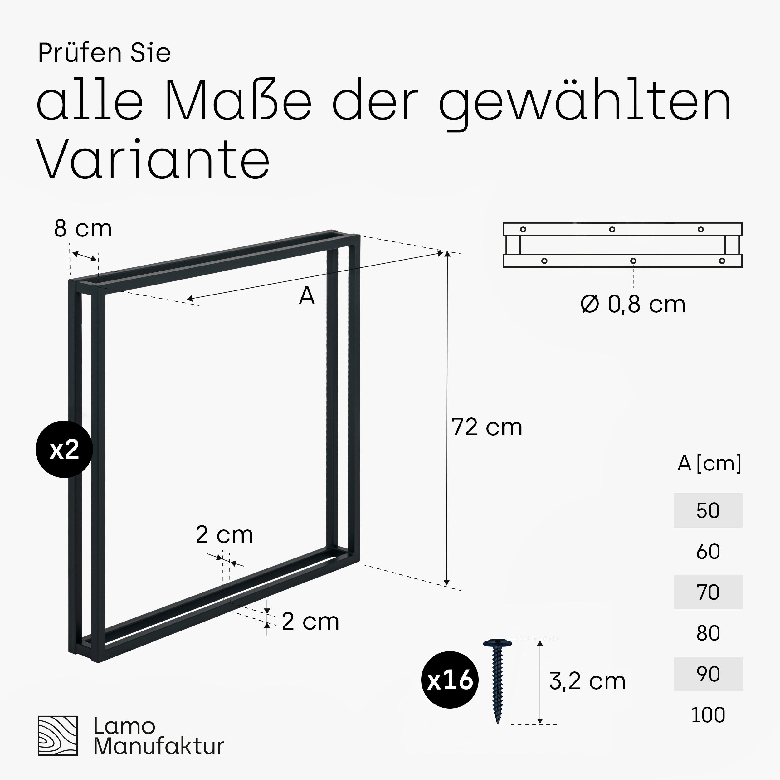 (SET, 2er-Set pulverbeschichtet Tischbeine Frame LAMO Tischgestell Manufaktur Industriestahl Tischkufen), Tiefschwarz