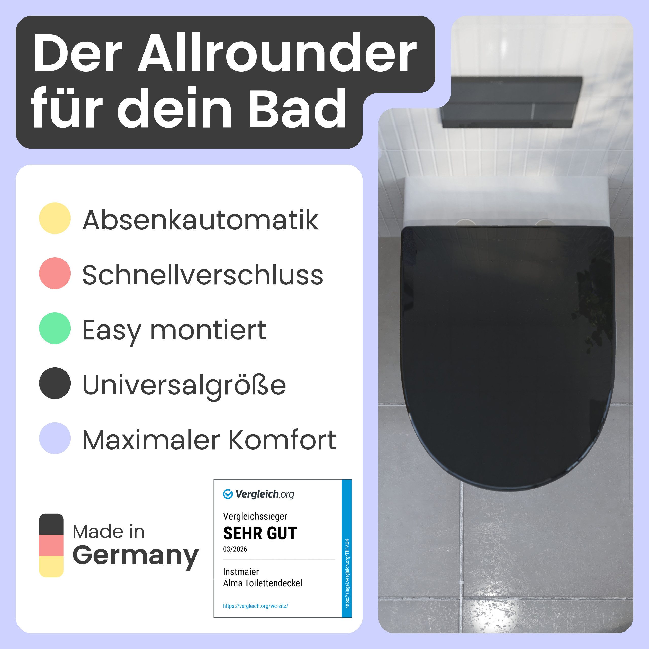 instmaier WC-Sitz Alma, Made in Germany, bakterienabweisendes Duroplast, bis 250kg, Schwarz Glänzend, mit Absenkautomatik, zur Reinigung abnehmbar