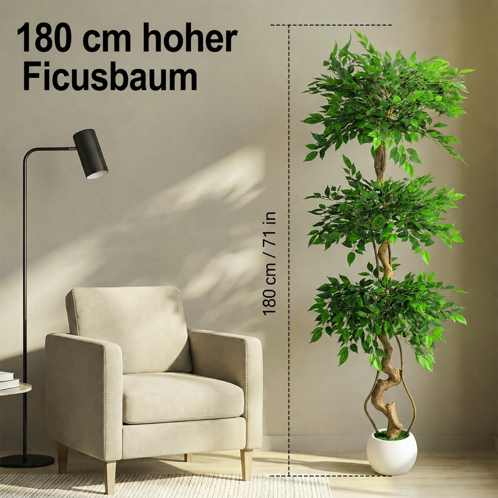 Kunstbaum 1.5/1.8m Kunstpflanze Ficusbaum Mit Weiß Topf, künstliche Pflanzen Ficusbaum, BlingBin, Höhe 180 cm, künstliche Ficus-Bäume Für Innendekor Wohnzimmer Büro Gartenhaus Decor