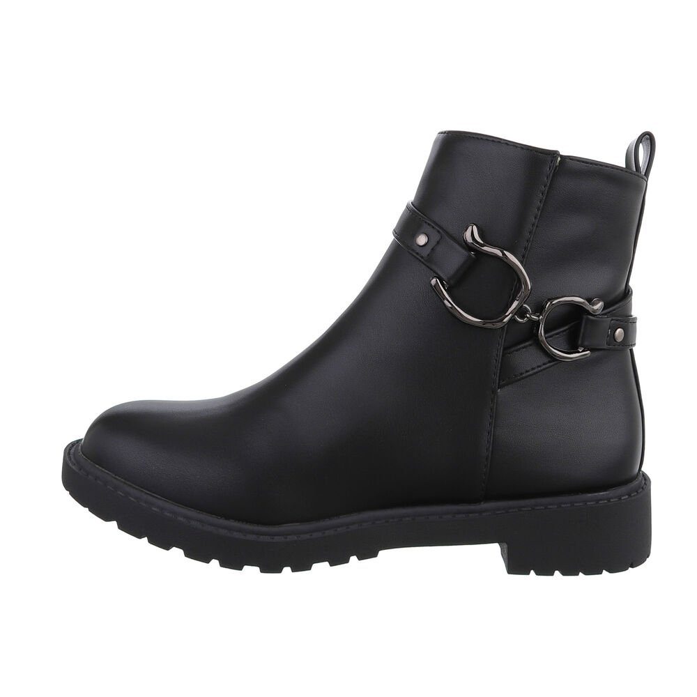 Ital-Design Damen Freizeit Stiefelette Blockabsatz Flache Stiefeletten in Schwarz | Stiefeletten