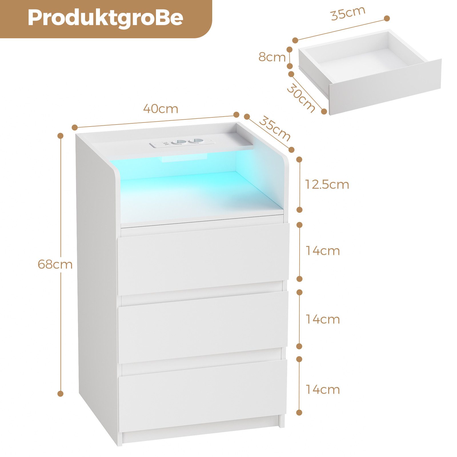 BEWISHOME Nachttisch mit LED-Beleuchtung, Steckdosen & USB-Anschlüssen, 40x35x68cm (1-St), Moderner Schlafzimmerschrank mit Stauraum