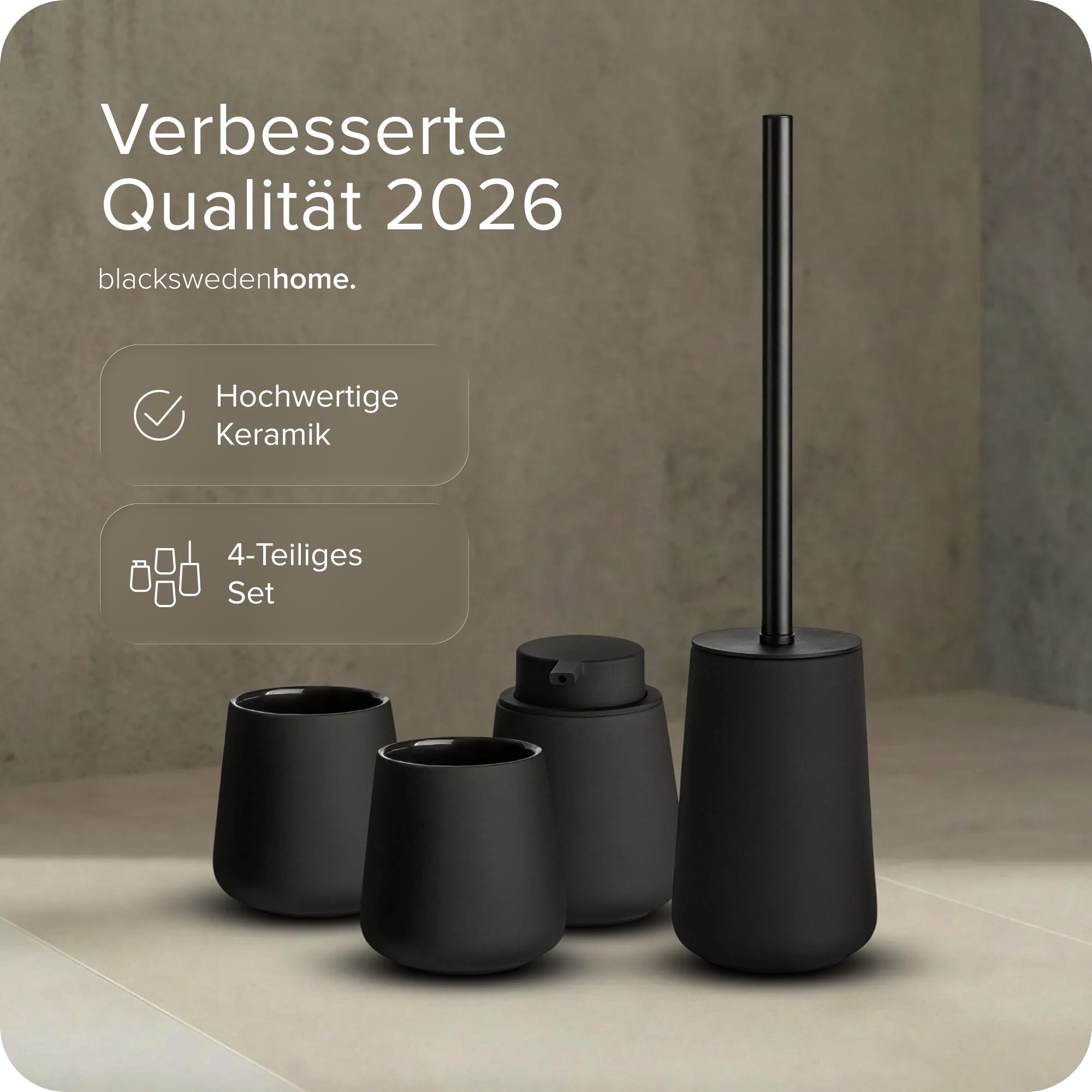 blackswedenhome. Badaccessoire-Set Badezimmer Accessoire Set aus Keramik und Soft Touch Oberfläche, Set, 1 schwarze Toilettenbürste, 1x Seifenspender, 2x Zahnputzbecher, Gummierte Oberfläche