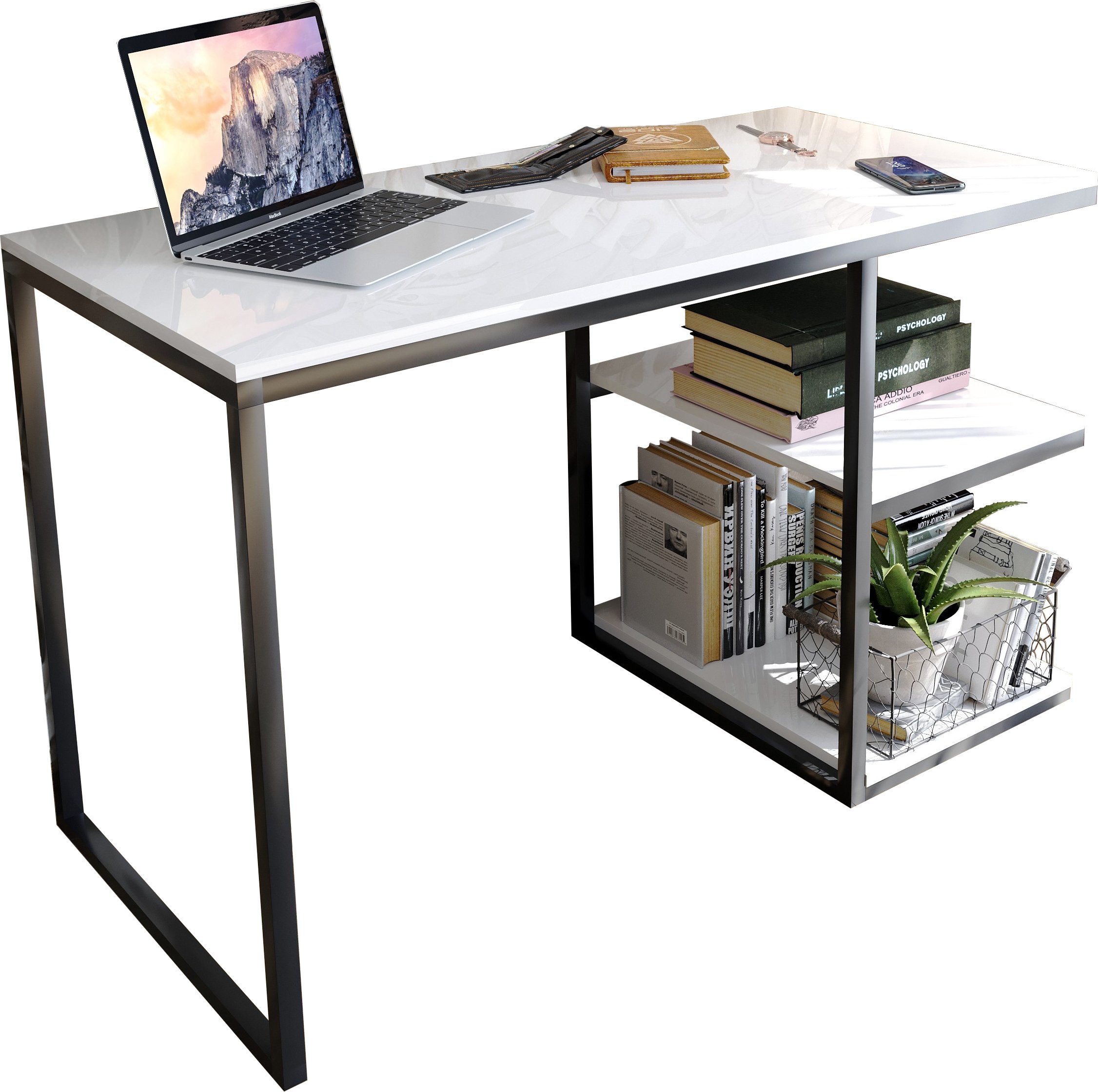 Domando Schreibtisch Schreibtisch Capoliveri, Breite 120cm, Metallgestell pulverbeschichtet Schwarz und Weiß Hochglanz