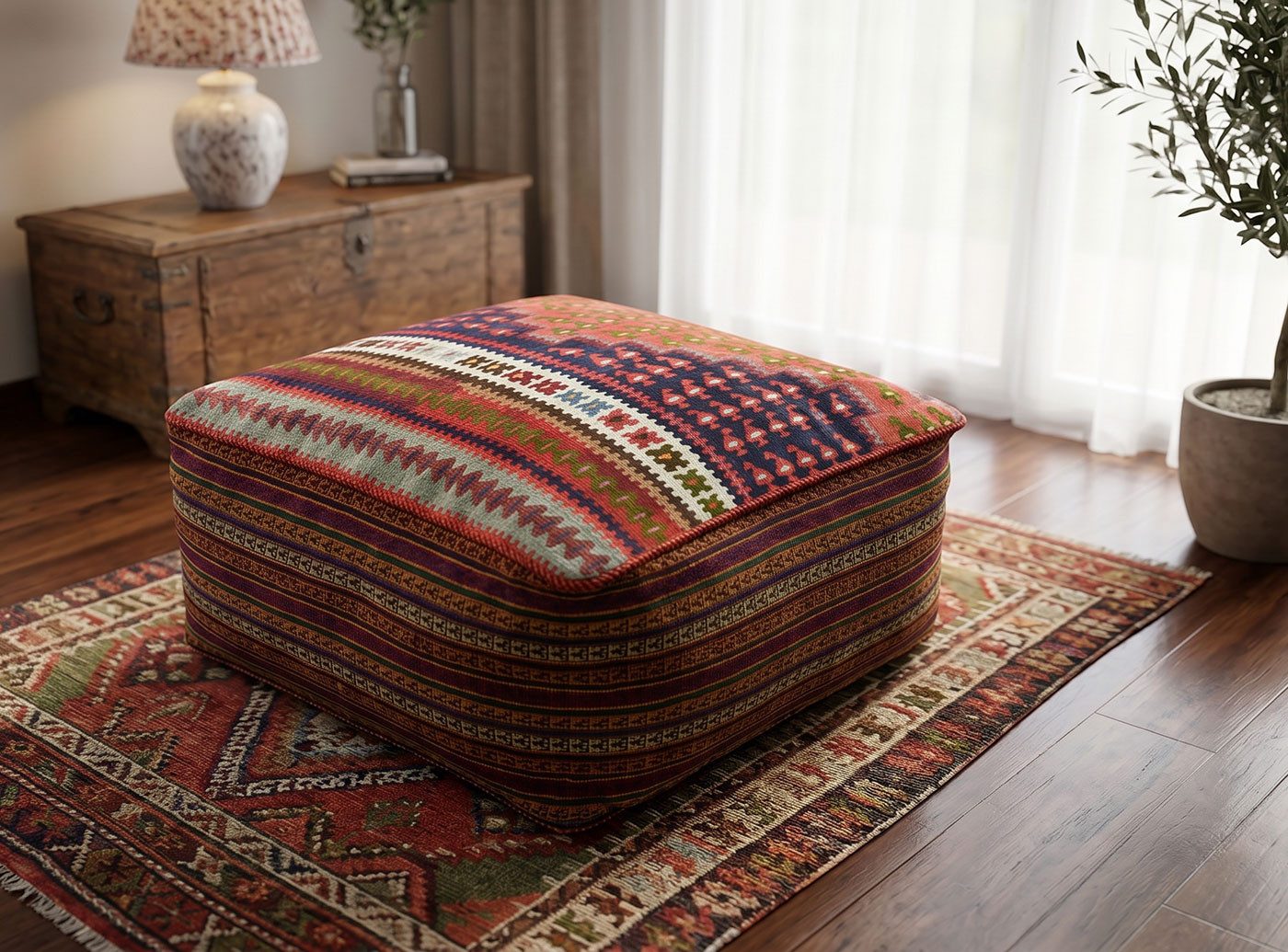 KUHFELL online & NOMAD Pouf ORIENT KELIM POUF SITZKISSEN BODENKISSEN FUßHOCKER 70 x 70 x 30 cm