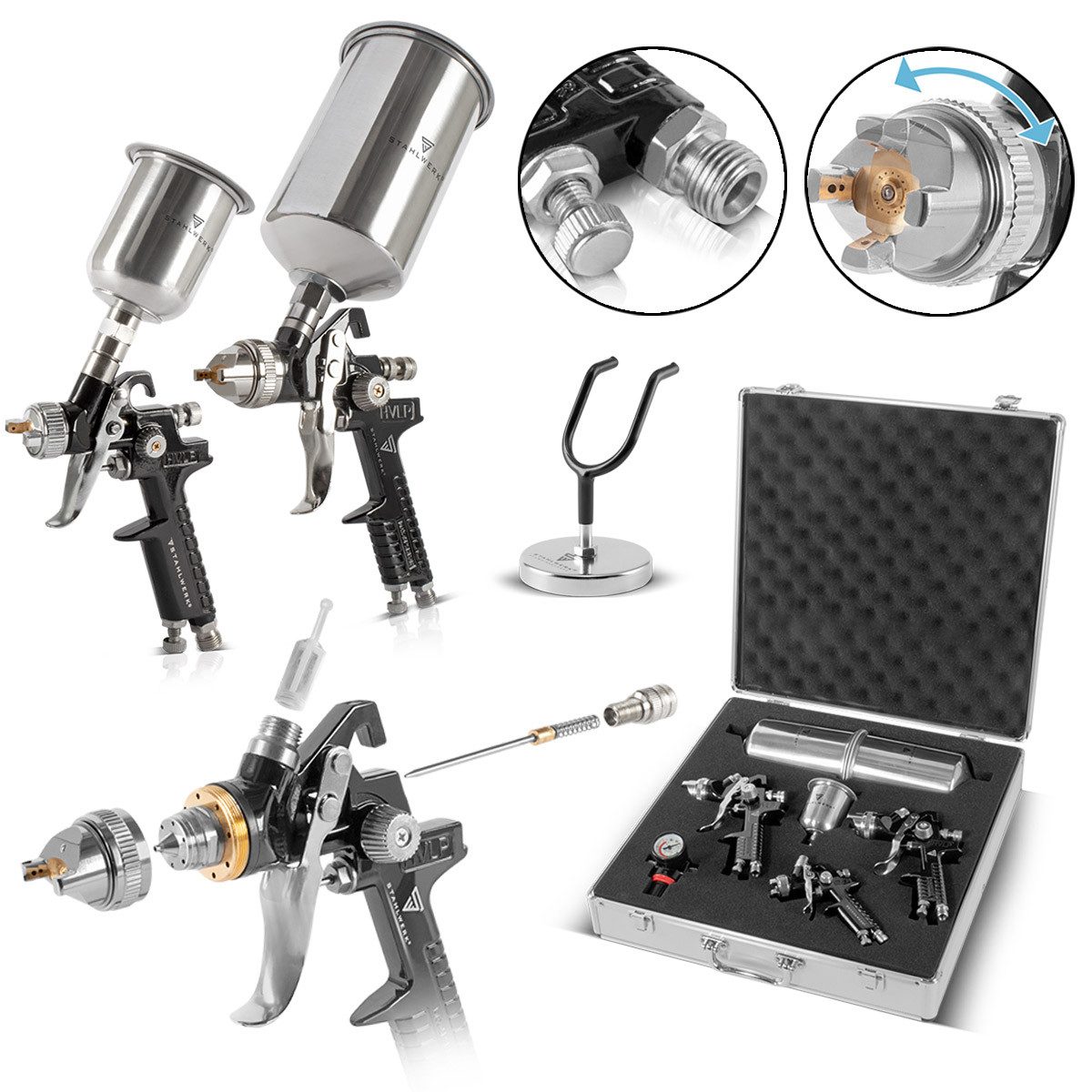 STAHLWERK Druckluftwerkzeug HVLP Lackierpistolen Set SGS-1125 ST, (Packung, 14-tlg., Set), mit 0,8 / 1,4 / 1,7 mm Düsensatz