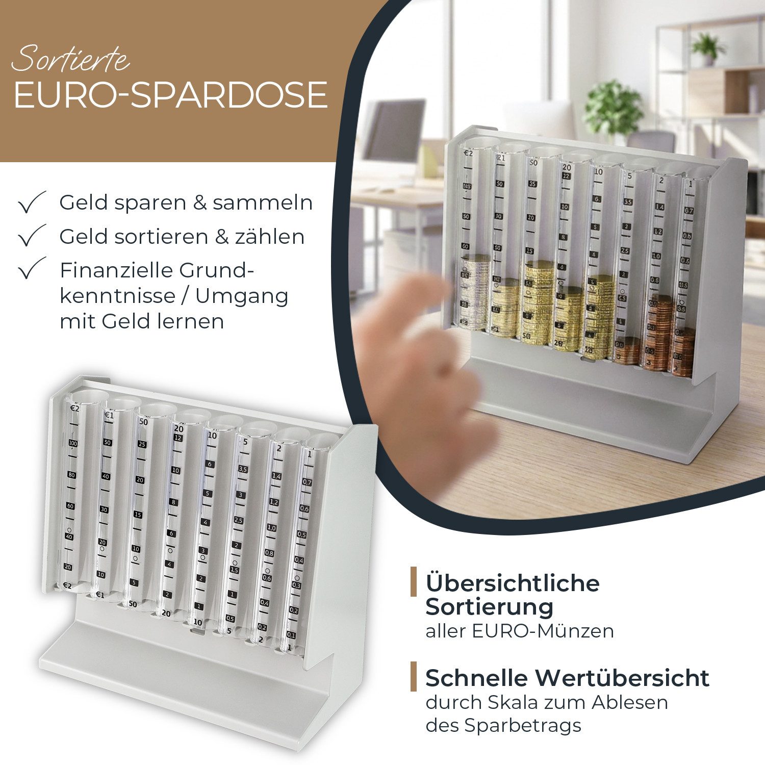HMF Spardose Münzzähler zur Sortierung und Aufbewahrung von Kleingeld transparenter, Münzsortierer mit Werteskala als Spardose für Kinder 21 x 19,5 x 10 cm