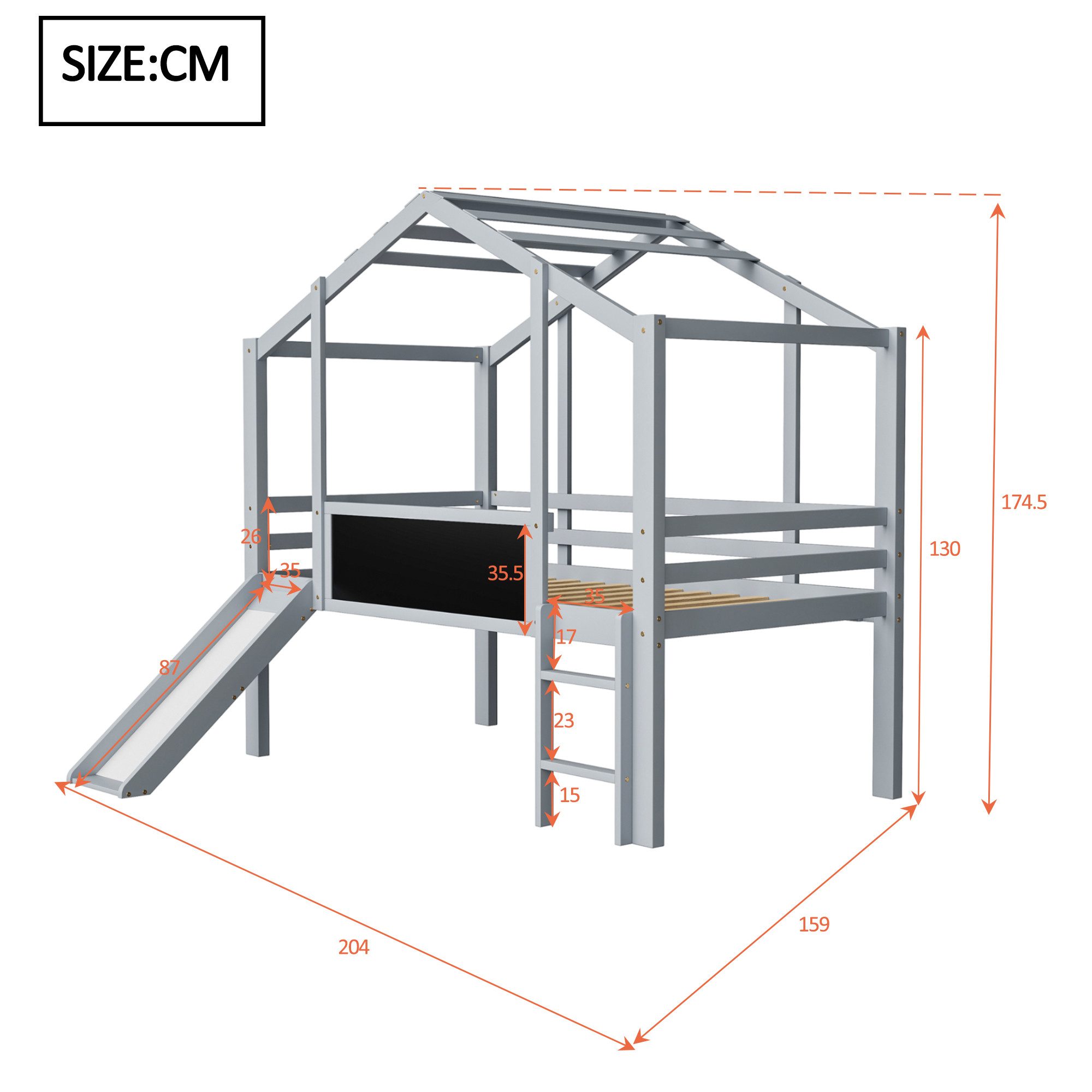Merax Hochbett im Hausstil (1-St., Etagenbett Jugendbett Einzelbett) Massivholz Kinderbett 90x200cm mit Rutsche, Leiter, Tafel & Dach – Bild 5 von 5