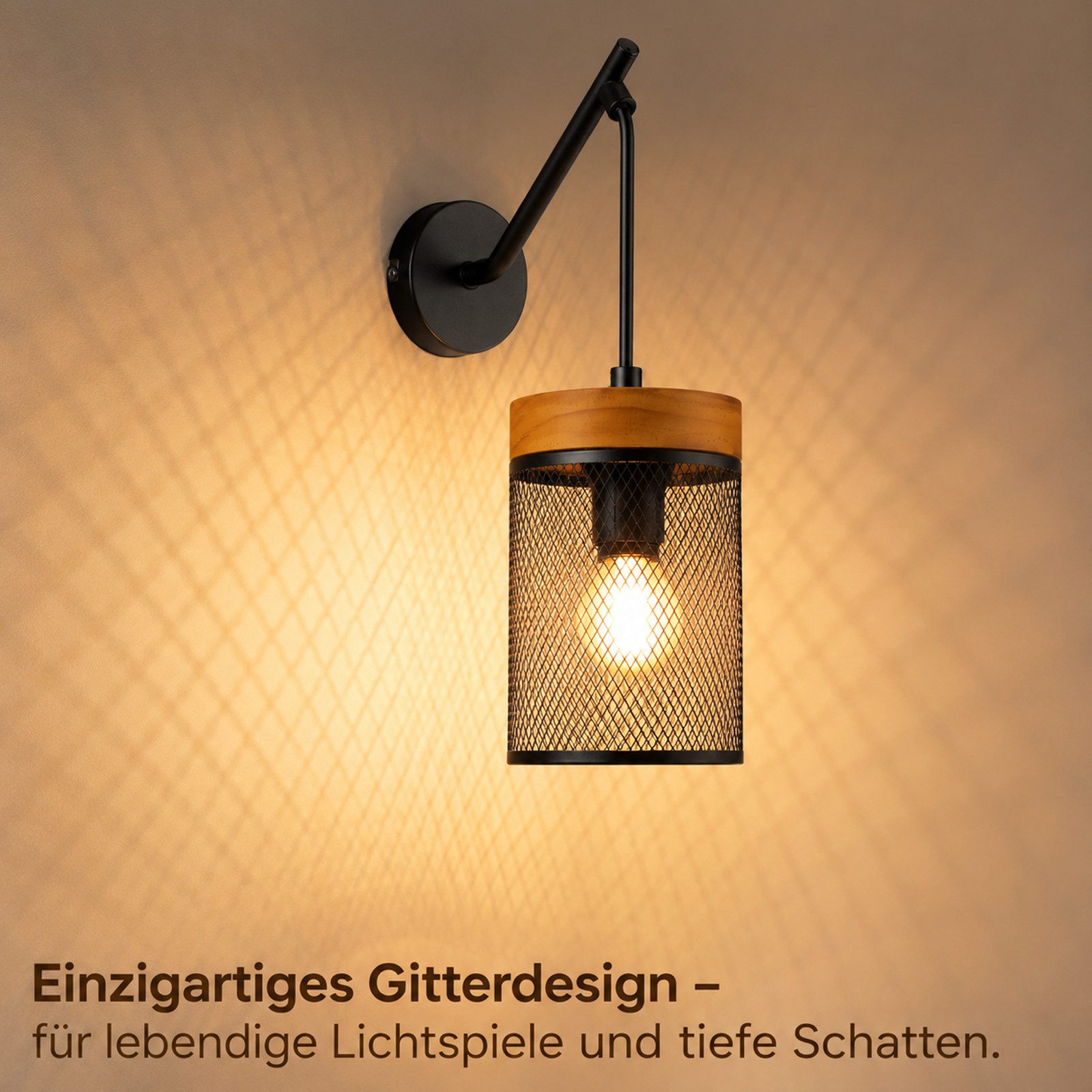 Nettlife Wandleuchte Vintage Schwarz Industrial Metall Holz E14 Gitterschirm Wandlampe, ohne Leuchtmittel, für Wohnzimmer Schlafzimmer Flur Treppenhaus Cafe Bar