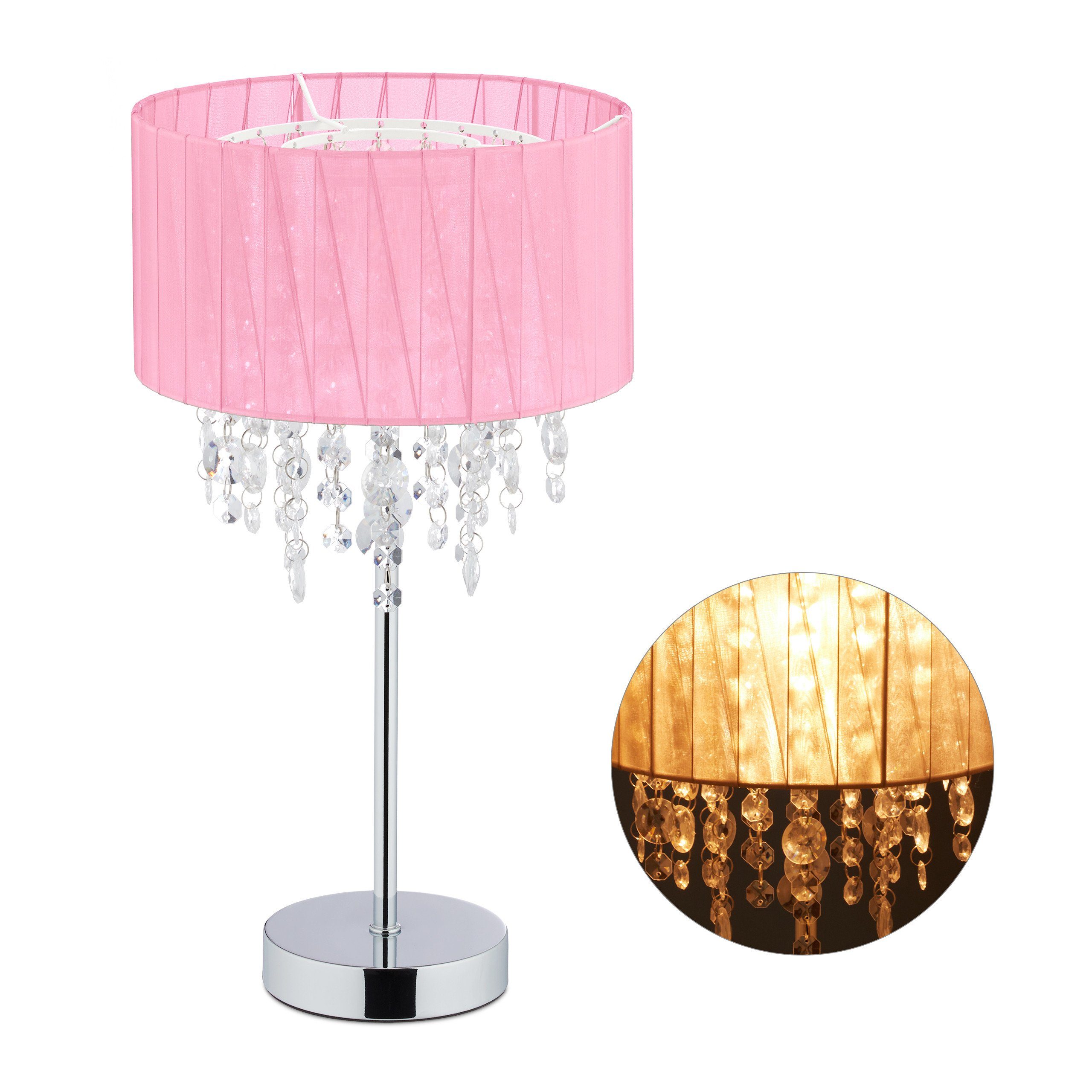 relaxdays Tischleuchte Kristall Tischlampe mit Organza-Schirm | Tischlampen