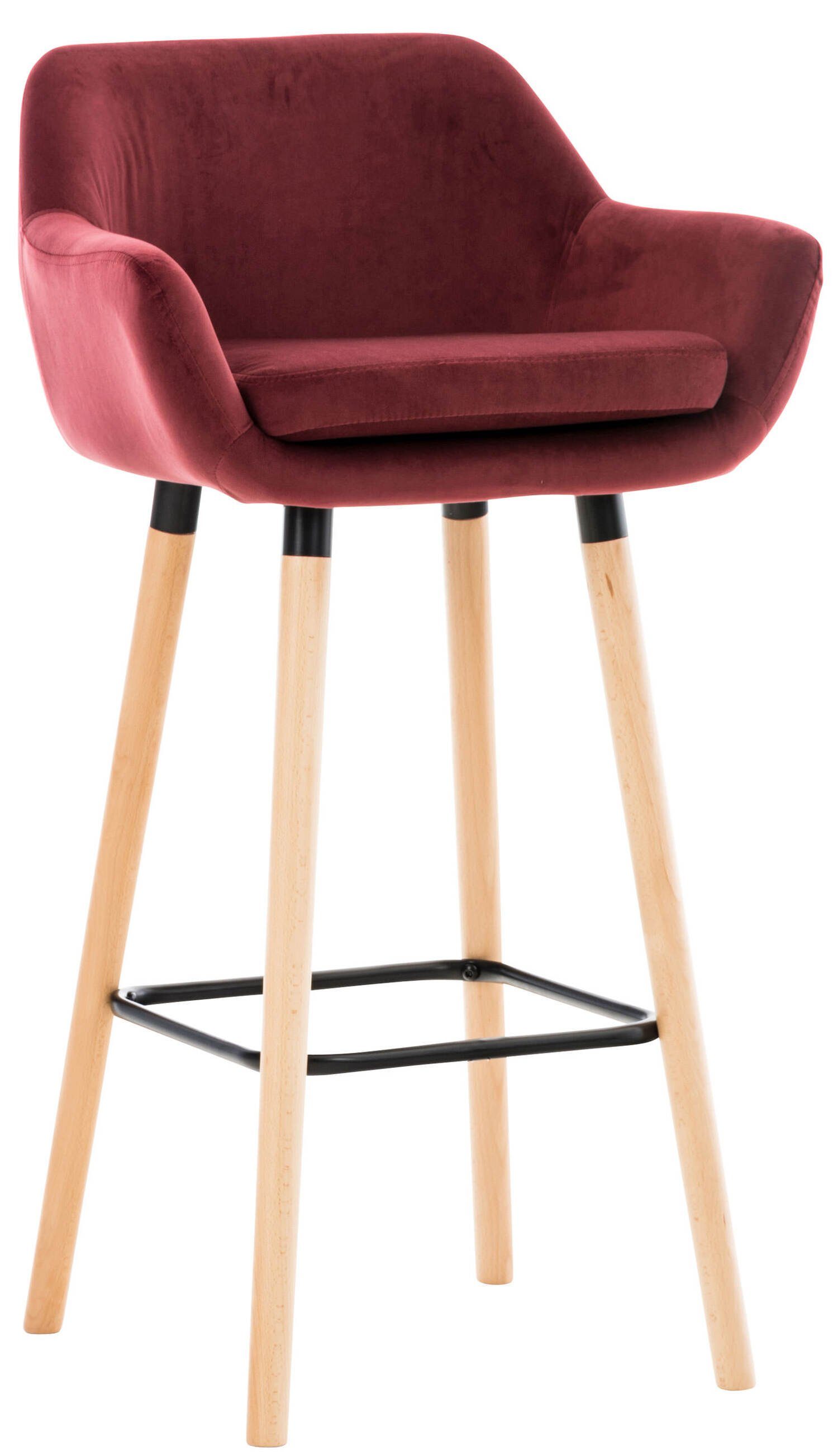 TPFLiving Barhocker Grande mit bequemer Rückenlehne und angenehmer Fußstütze (Barstuhl Hocker für Theke & Küche), Tresenhocker 4-Fuß Gestell Holz - Sitzfläche: Samt Rot