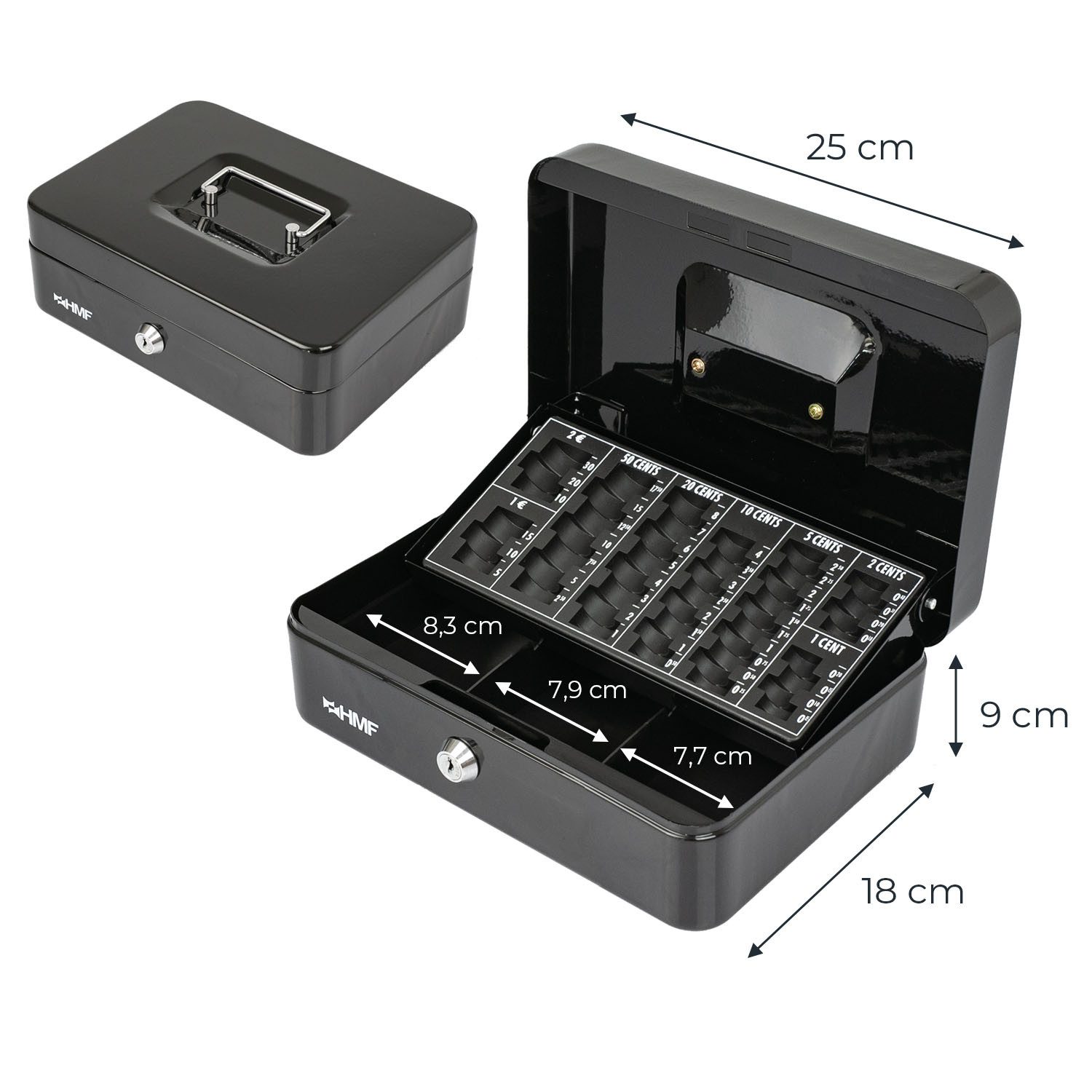 HMF Geldkassette Bargeldkasse mit herausnehmbarem Münzzählbrett und Scheinfach, Geldbox mit Schlüssel, 25 x 18 x 9 cm, schwarz – Bild 5 von 5