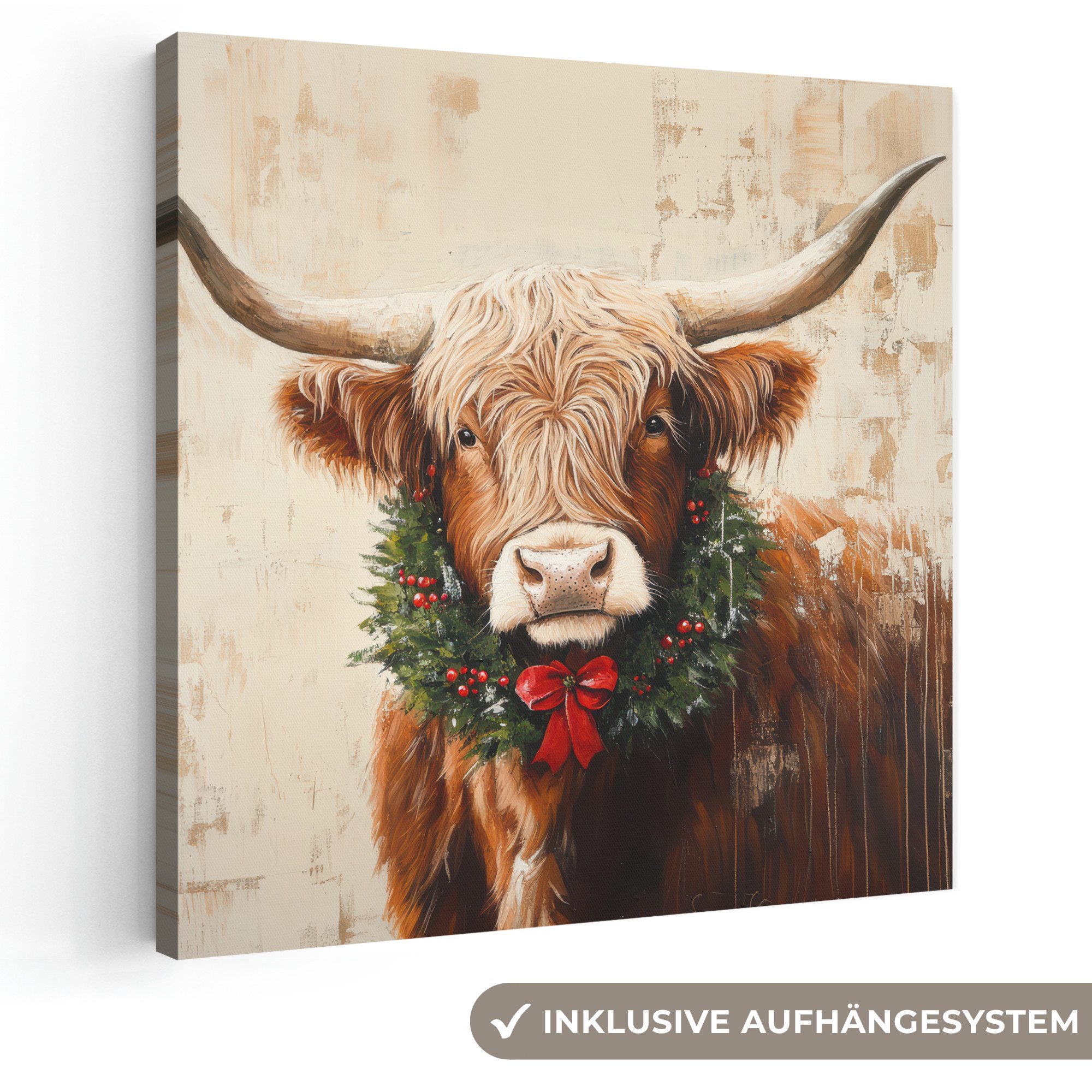 OneMillionCanvasses® Leinwandbild Weihnachten - Schottischer Highlander - Braun - Kranz, Fotodruck (1 St), Wandbild, Deko Schlafzimmer Wohnzimmer Flur 20x20 cm