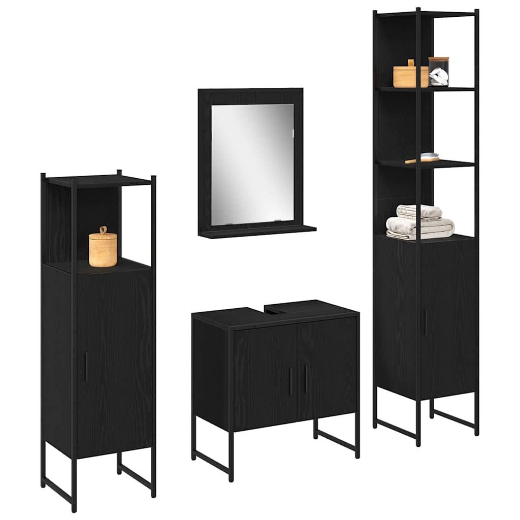 vidaXL Badezimmer-Set Badezimmermöbel-Set mit Regal 4 pcs Schwarz Holzwerkstoff, (4-St)