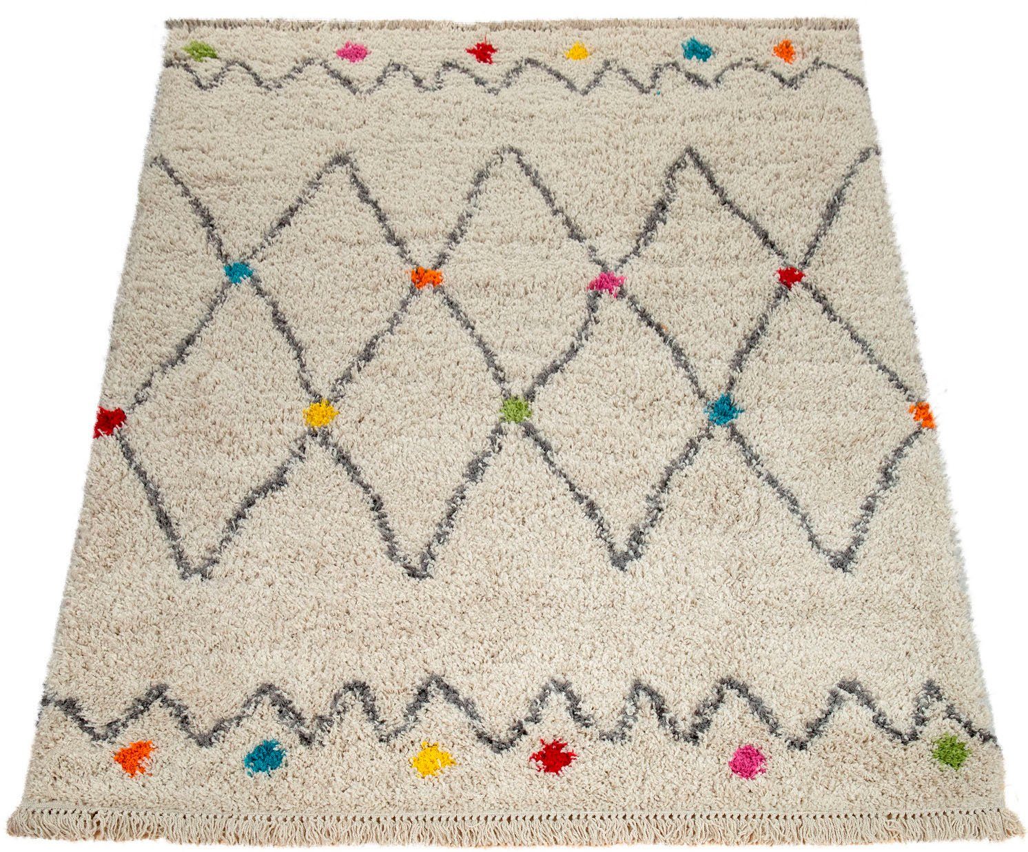 Paco Home Teppich Wooly 281, rechteckig, Höhe: 39 mm, Hochflor-Shaggy, Scandi-Muster, mit Fransen, Wohnzimmer