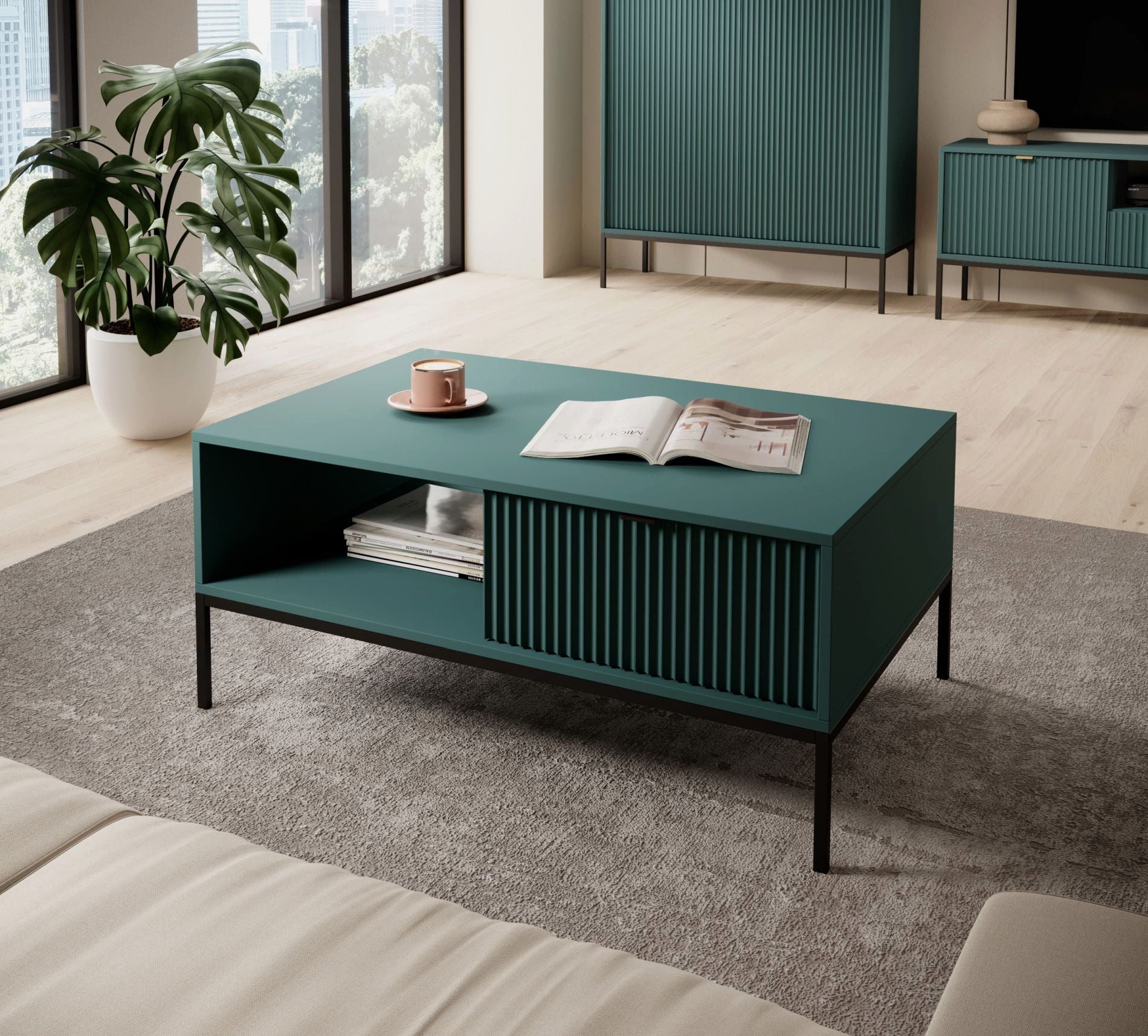 Selsey Couchtisch VELLORE, mit Schublade + offenes Fach, Stahlgestell, geriffelte MDF-Front