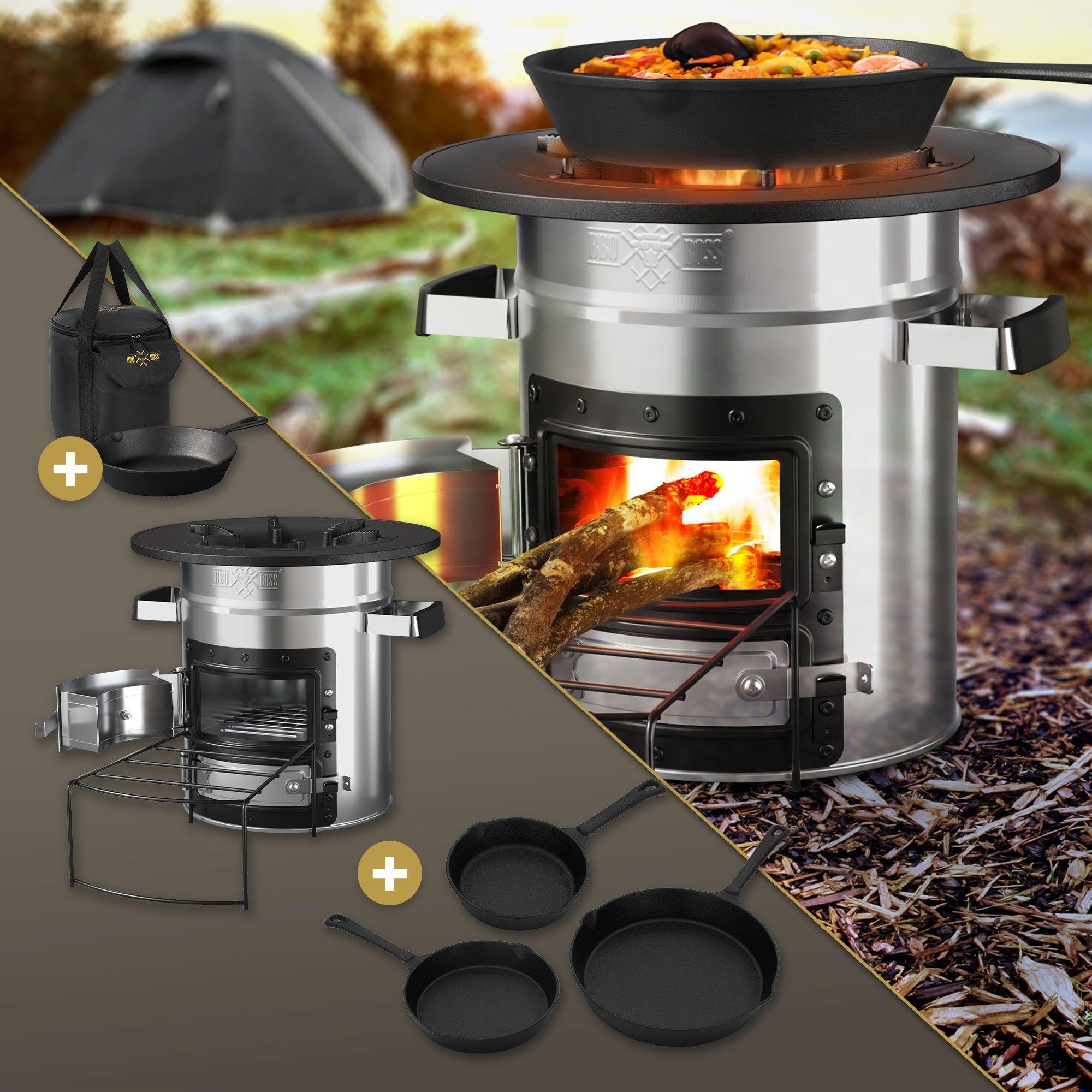 BBQ Boss Feuerstelle Camping BBQ Holzofen Outdoor-Küche Raketenherd Dutch  Oven Campinggrill, Mit Grillpfanne Tragetasche Schwarz Campingkocher  Doppeltür, Ofen inklusive Tragetasche, Pfanne und Pfannen Set