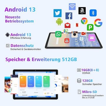 SEBBE 16GB RAM (TF 512GB) MT8183 8-Core 2.0Ghz Tablet (10", 128 GB, Android 13, 5G, WLAN Tablet, /GPS/8000mAh/Bluetooth 5.0, Tablet mit Tastatur und Maus)