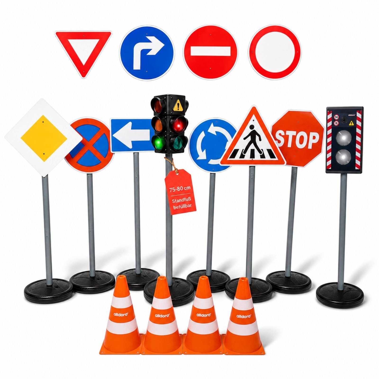 alldoro Spiel-Verkehrszeichen XXL Verkehrsset mit 10 Verkehrsschildern, Ampel, Blitzer & 4 Pylonen, 75-80 cm, Standfüße befüllbar, für Verkehrserziehung und Rollenspiele
