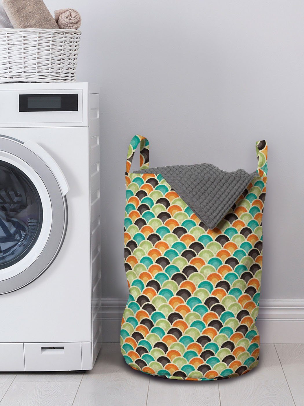 Kordelzugverschluss mit Halbkreise für Waschsalons, Griffen Wäschekorb Abakuhaus Geometrisch Bunte Wäschesäckchen