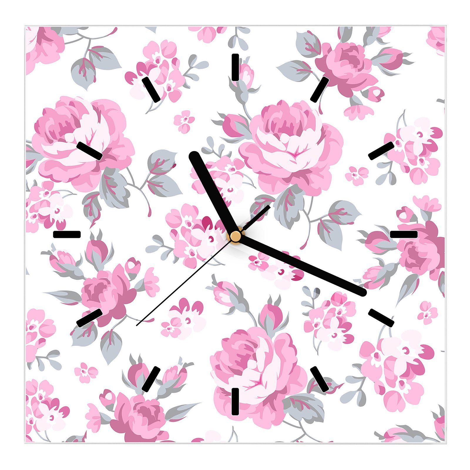 Primedeco Wanduhr Glasuhr Wanduhr Wandkunst Größe 30 x 30 cm mit Motiv Blumenmuster