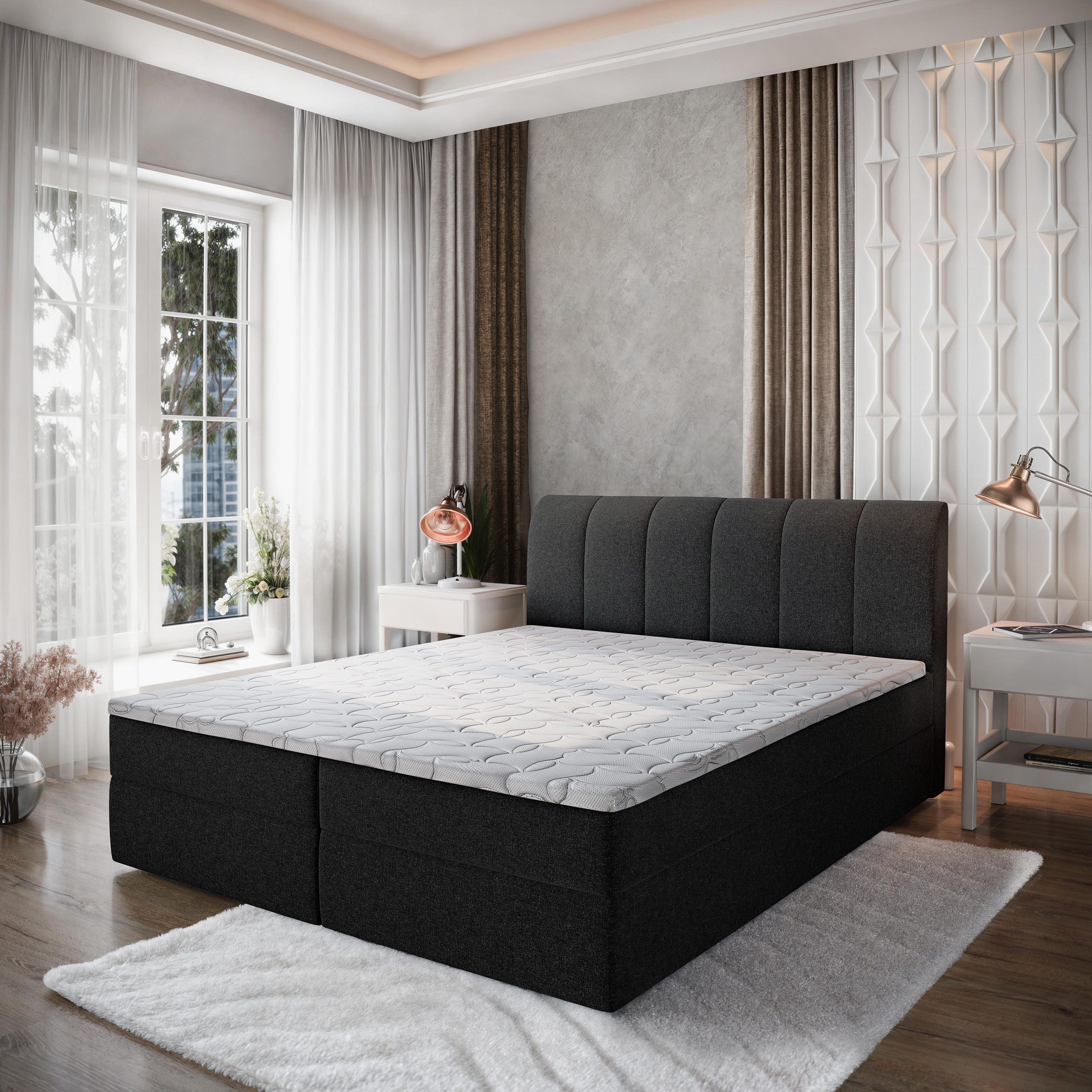Masseno Boxbett CEVANO 160x200 cm mit Bonell Matratze und Topper, Doppelbett, Polsterbett mit Kopfteil, Boxspringbett