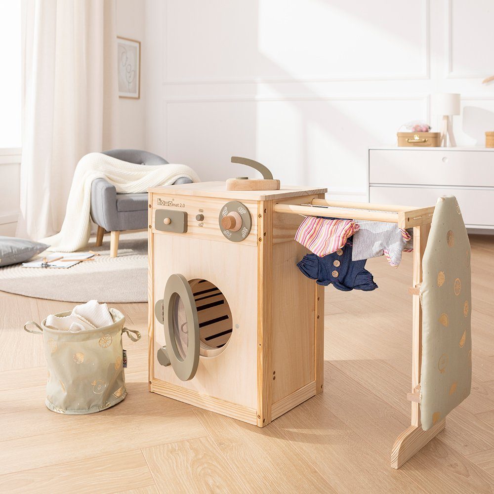 howa Kinder-Waschmaschine, aus Holz mit Wäscheleine, Bügelbrett, Wäschekorb und Bügeleisen