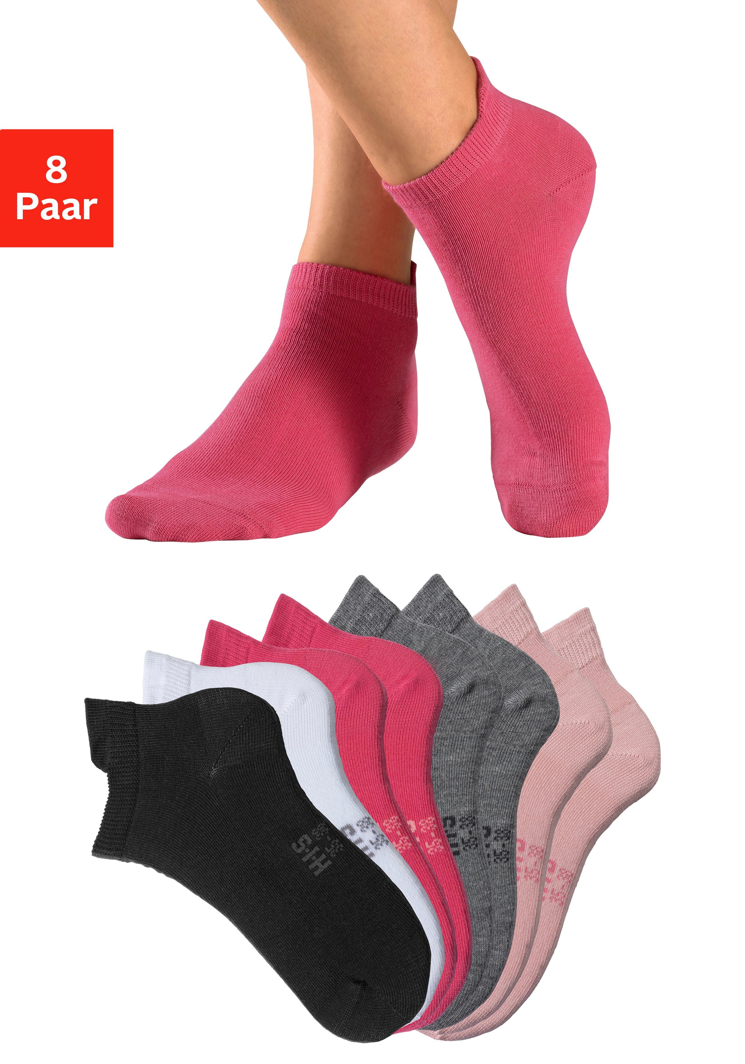 H.I.S Sneakersocken (Packung, 8-Paar) mit verlängertem Bündchen hinten 1x schwarz, 1x weiß, 2x pink, 2x hell grau meliert, 2x rosa
