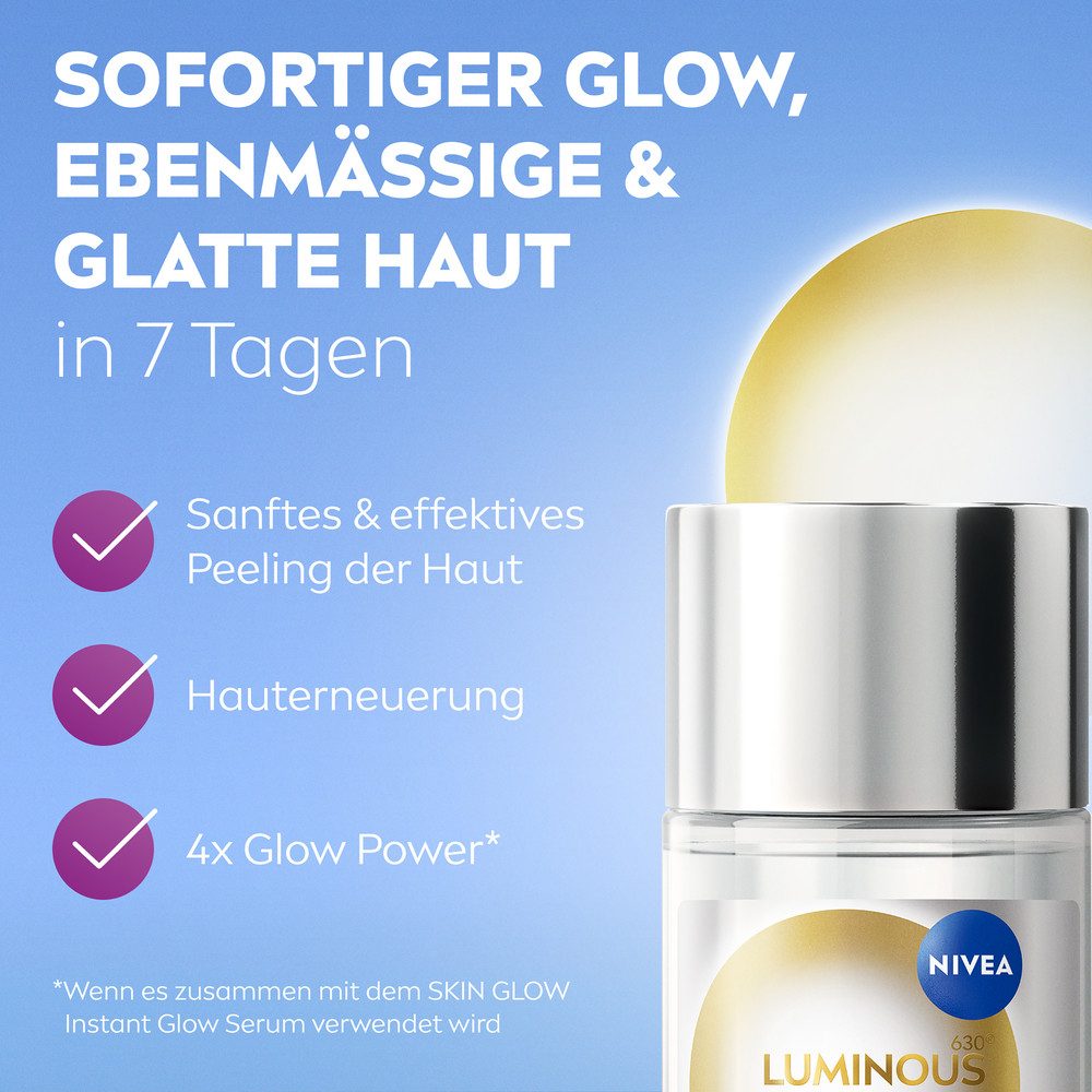 Nivea Gesichtspflege LUMINOUS630® Leave-on-Peeling Skin Glow Liquid Refiner 100ml, 1-tlg., In 7 Tagen: Ebenmäßige & glatte Haut.