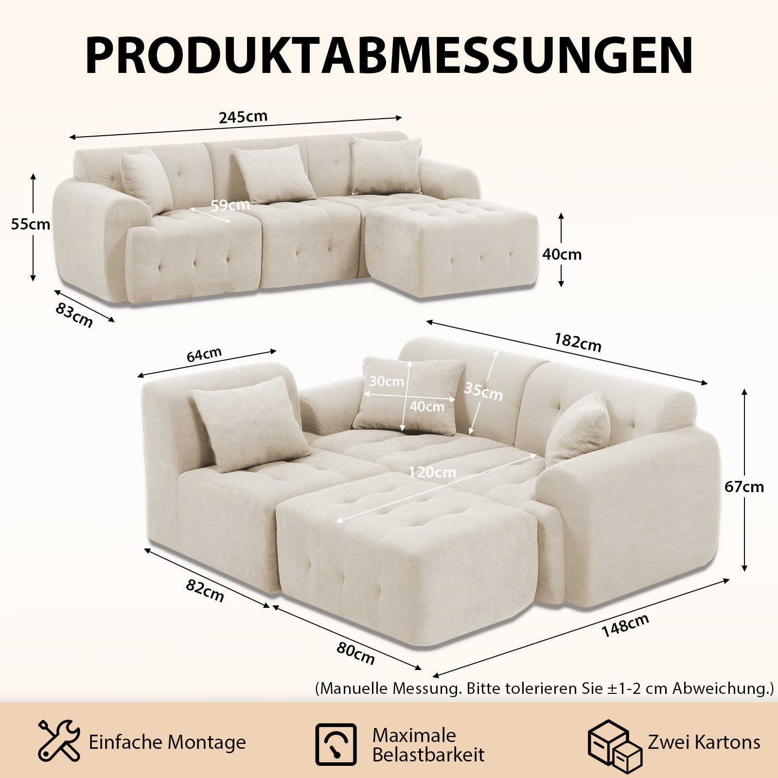 COMHOMA Sofa Ecksofa, Modulares Sofa, 2 Sitzer Bodensofa Couch mit Kissen Armlehne, für Wohnzimmer, vakuumverpackt