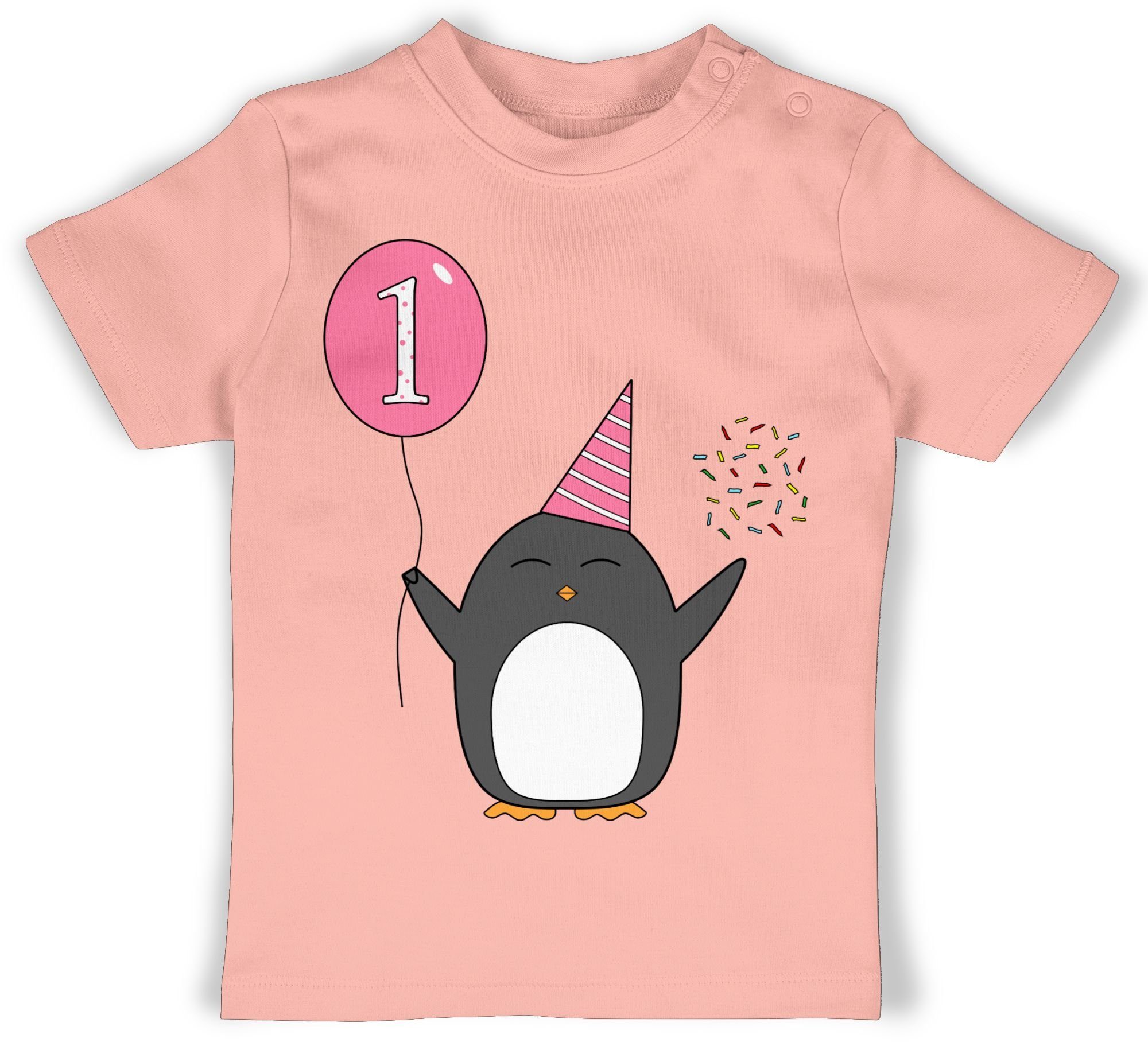 Shirtracer T-Shirt 1.Geburtstag - Baby - Rosa - Pinguin - Ballon - Konfetti Geburtstag Geschenk für Babys 1 Babyrosa