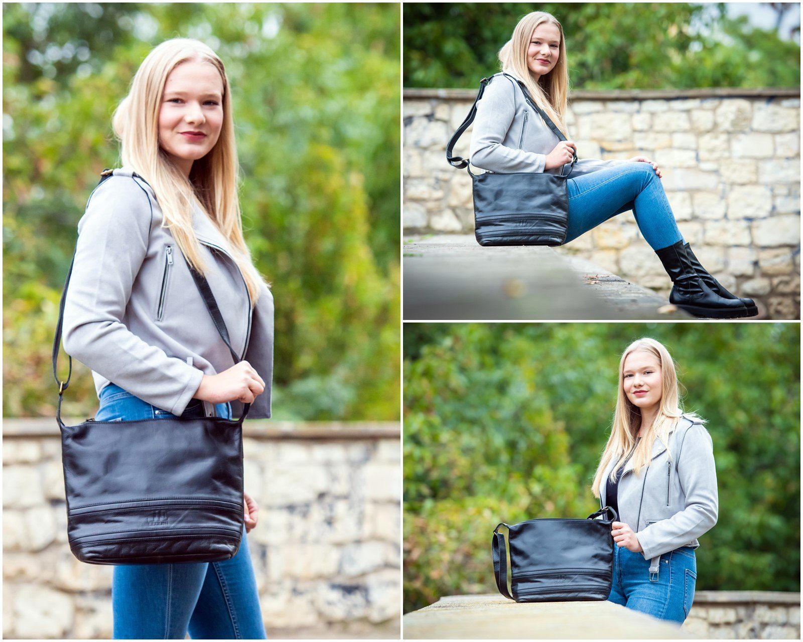 LECONI Umhängetasche Handtasche Beuteltasche Ledertasche Shopper Damentasche Leder LE0064, Echtleder – verstellbarer Schulterriemen – 33×28×10 cm