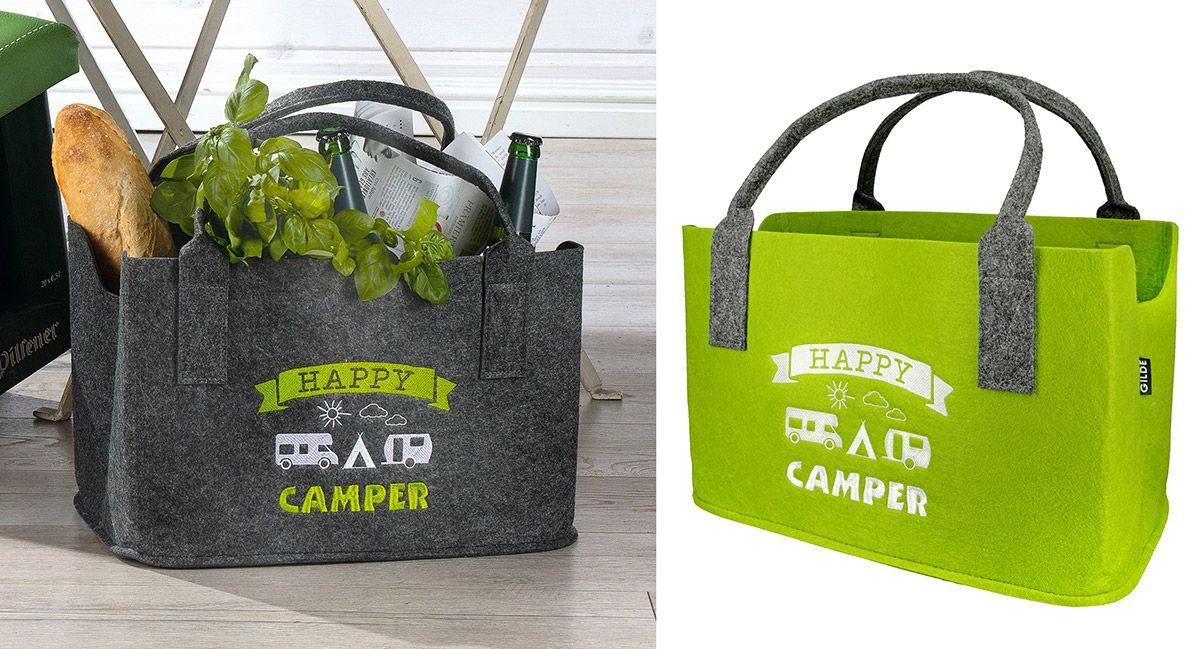 MF Einkaufsshopper Einkaufstasche Happy Camper schwarz dunkelgrau oder hellgrün