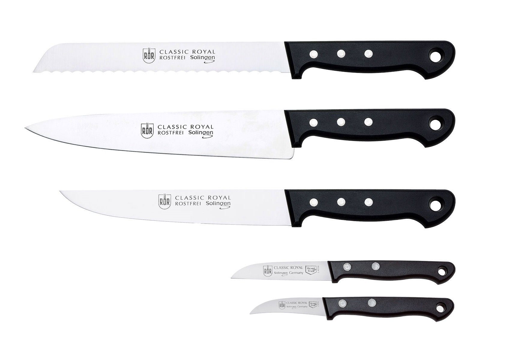 RÖR Messer-Set mit hochwertiger Messerstahl, Royal - Griffe Made Nieten in Classic 5-teilig, - 10194-5, Solingen