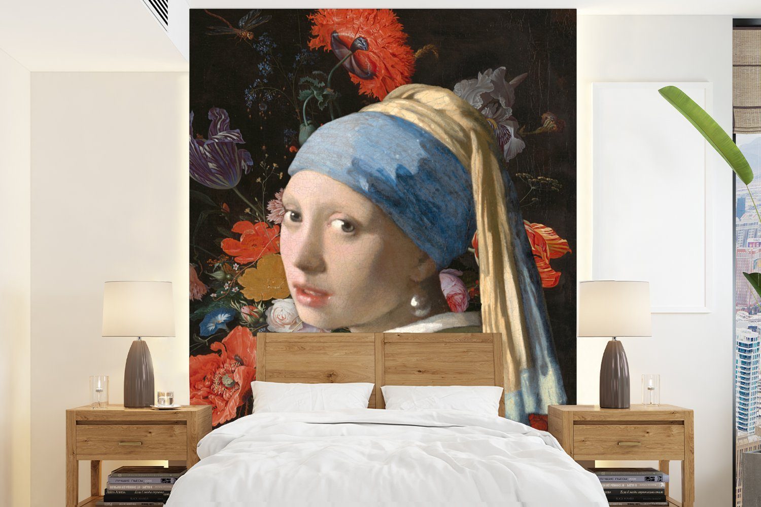 MuchoWow Matt, - Montagefertig bedruckt, Perlenohrring Vinyl Blumen, Das Mädchen - Tapete für St), Fototapete Wandtapete dem (4 Vermeer mit Wohnzimmer,