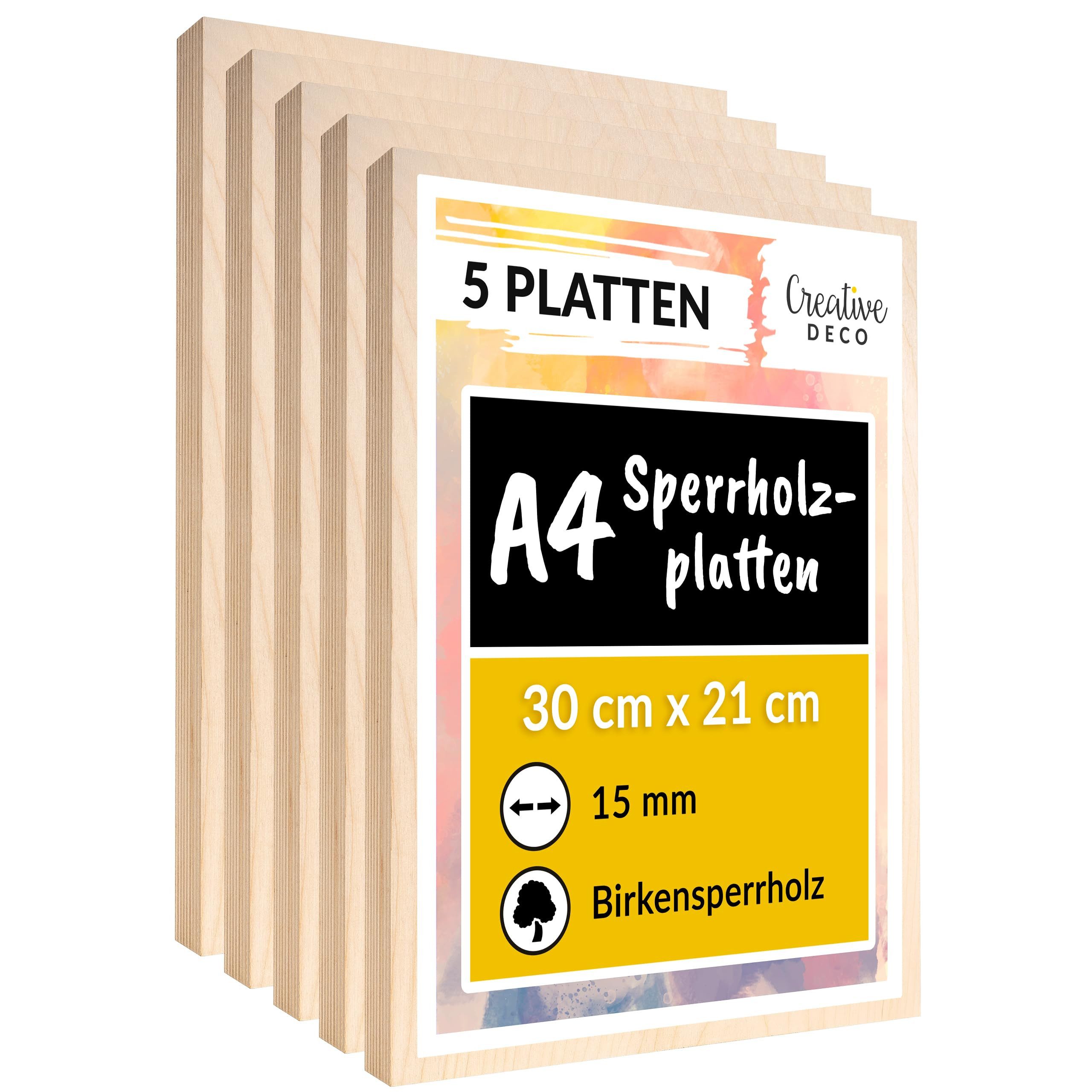 Creative Deco Bastelnaturmaterial A4 Sperrholzplatte 15 mm 300 x 210 (0,5) mm Birke, (5-tlg)