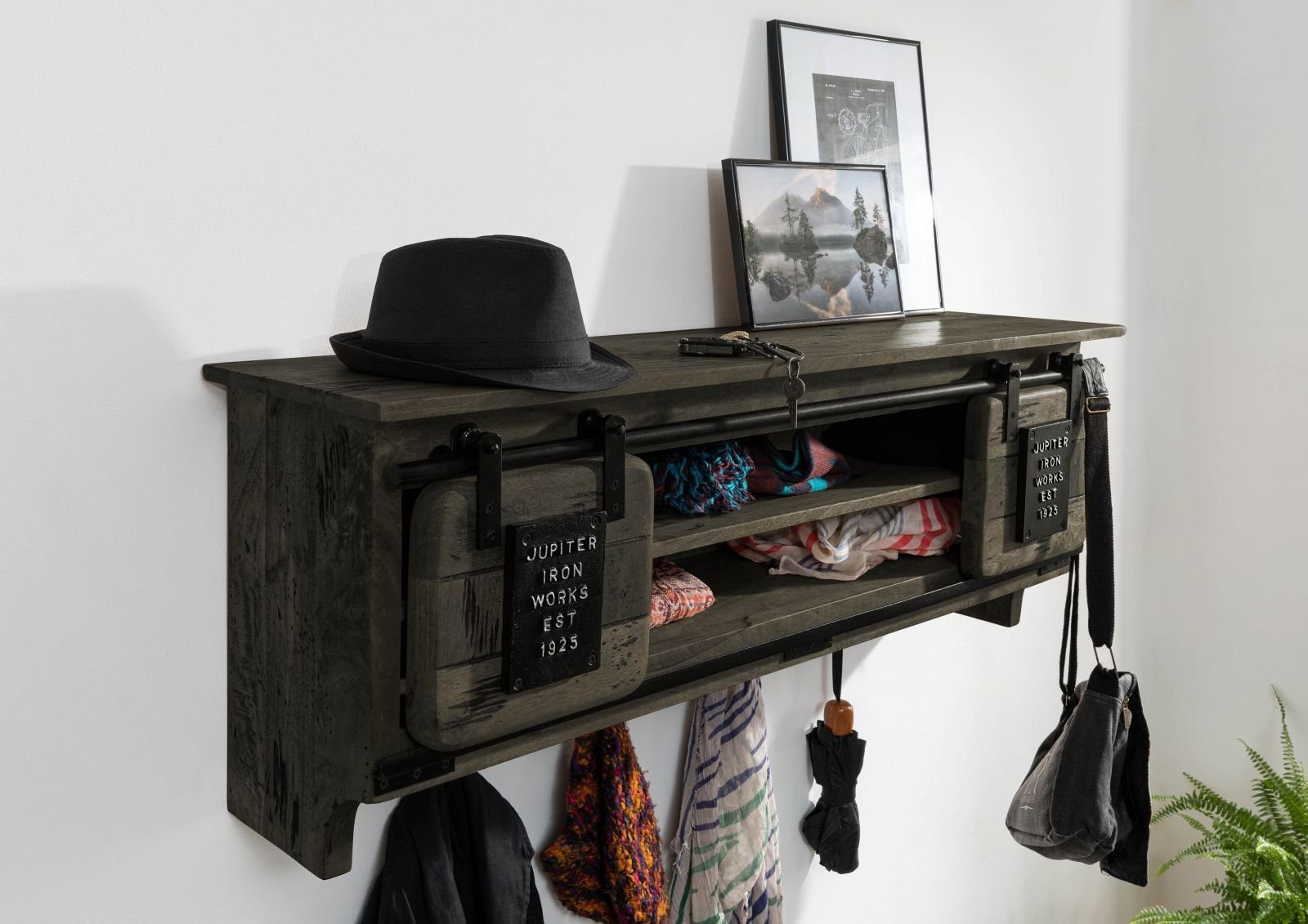 Massivmoebel24 Wandgarderobe (Wandgarderobe Mango 115x30x45 grau günstig online kaufen