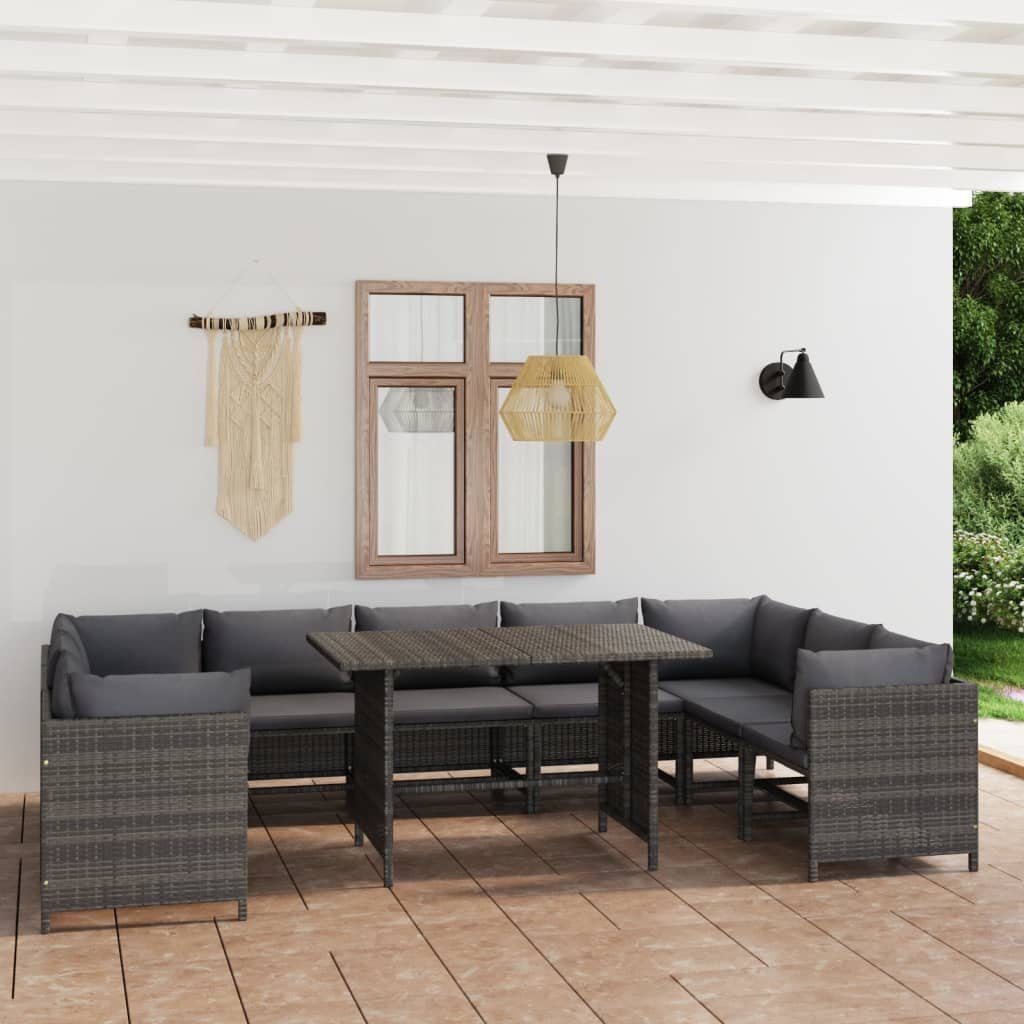 vidaXL Gartenlounge-Set 10-tlg. Garten-Lounge-Set mit Kissen Poly Rattan Grau, (1-tlg)