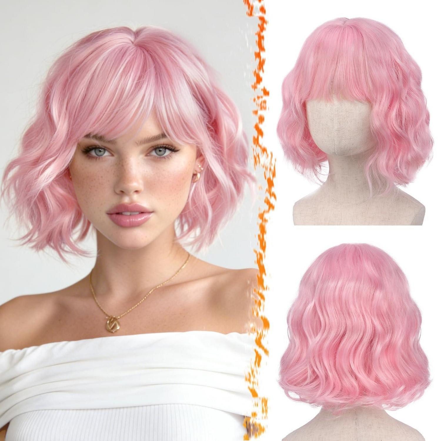 LuxusKollektion Kunsthaarperücke Perücke Kurze Gewellt Pony Synthetisch FrenchBob Lockig Rosa 30cm