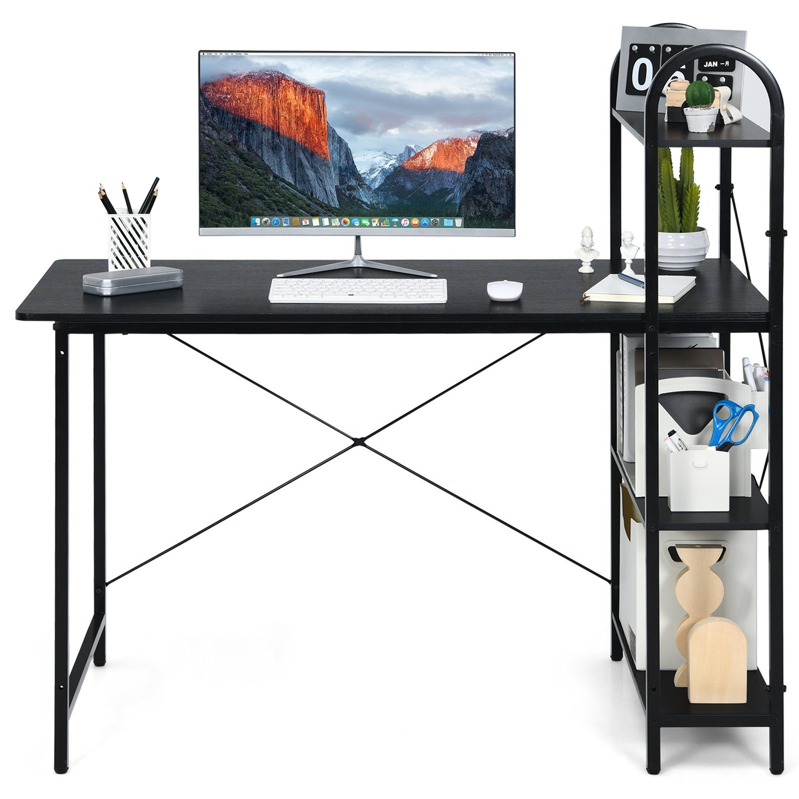 COSTWAY Computertisch, Füßen, Schwarz & erstellbaren mit Schreibtisch Ablagen Regal