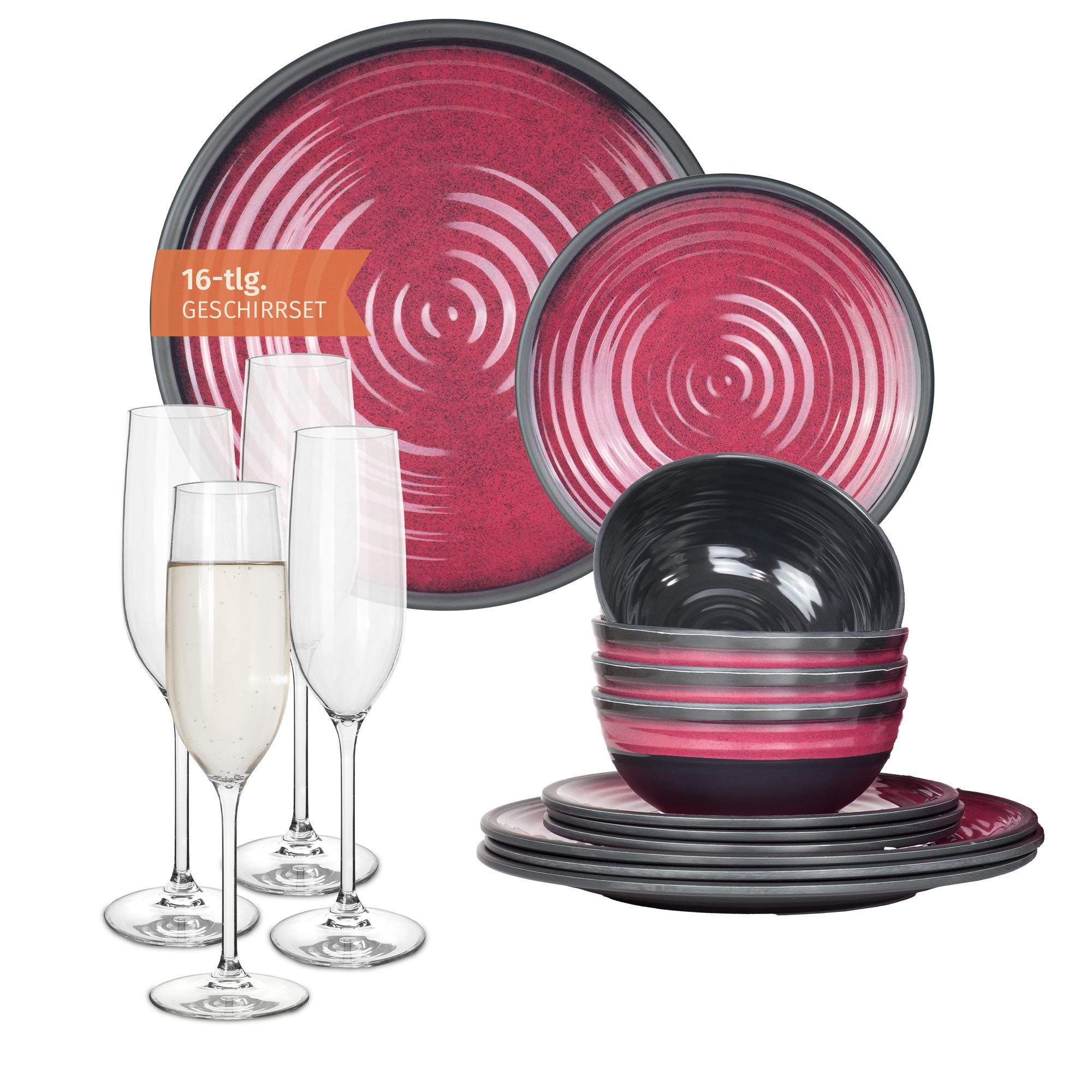 Moritz Geschirr-Set Camping Geschirr Stone Red + Tiamo Champagnergläser