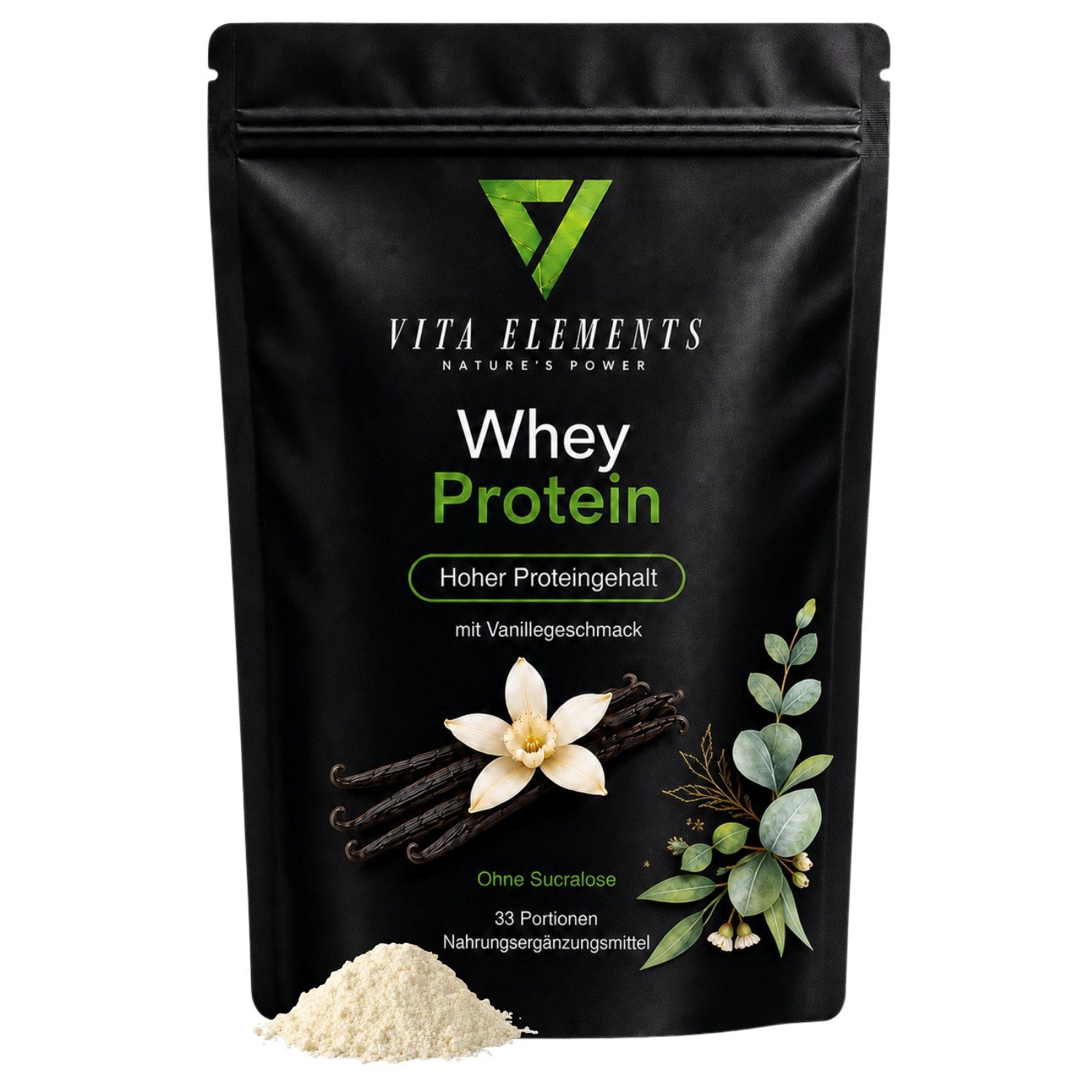 Vita Elements Whey Protein Vanille - Molkenprotein mit 24g Eiweiß pro 30g Pulver, 1 er Packung à 1000 g, Hoher Proteingehalt, Ohne Sucralose, Zuckerarm, Laborgeprüft