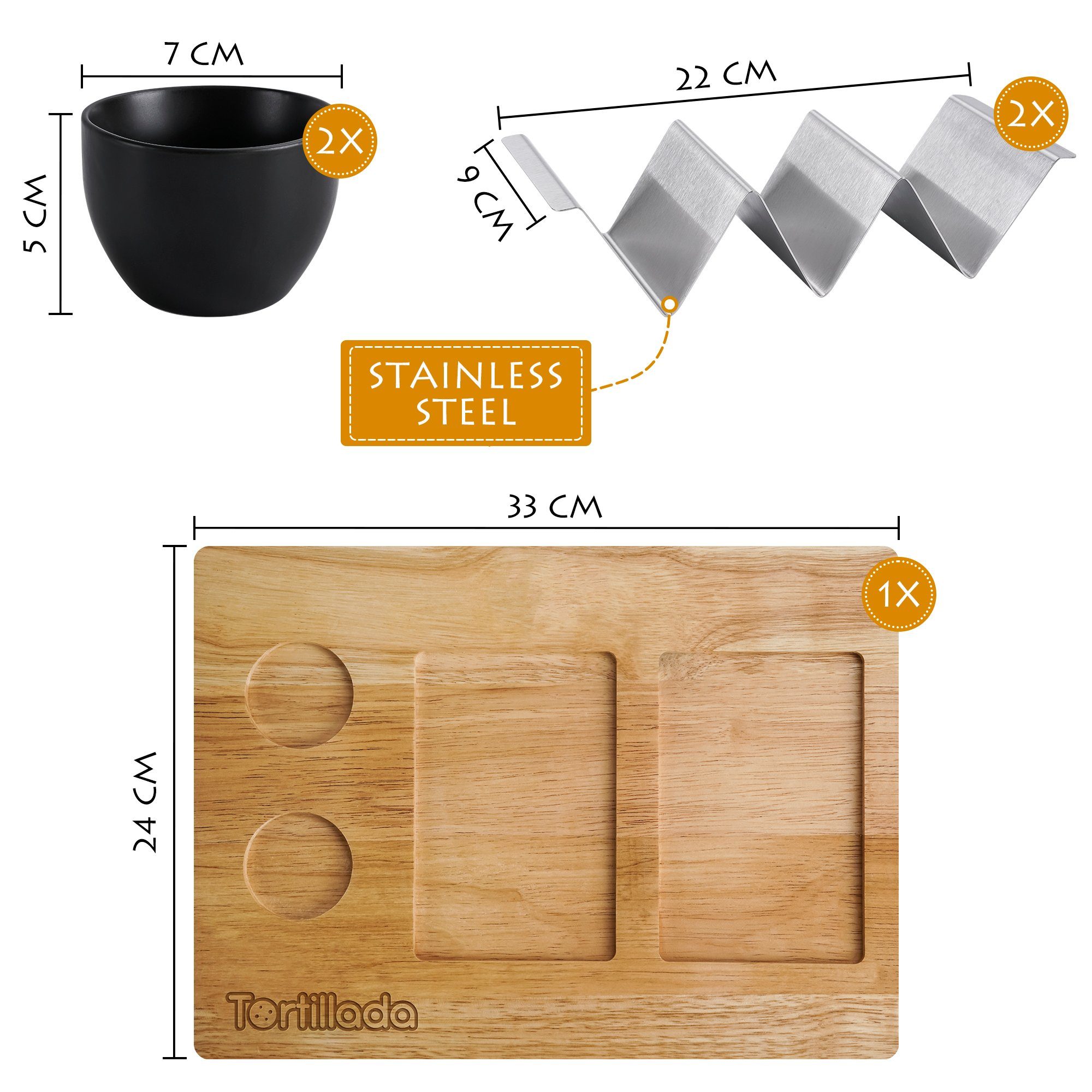 Tortillada Tortillaform Taco- und Hotdog-Halter mit Servierbrett, (Set), für bis zu 6 Tacos, mit Servierbrett und Dipschalen
