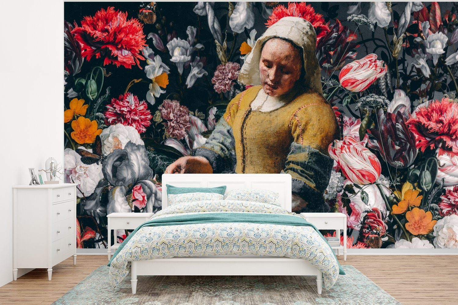 MuchoWow Fototapete Vermeer - Milchmädchen - Blumen, Matt, bedruckt, (6 St), Wallpaper für Wohnzimmer, Schlafzimmer, Kinderzimmer, Vinyl Tapete | Fototapeten