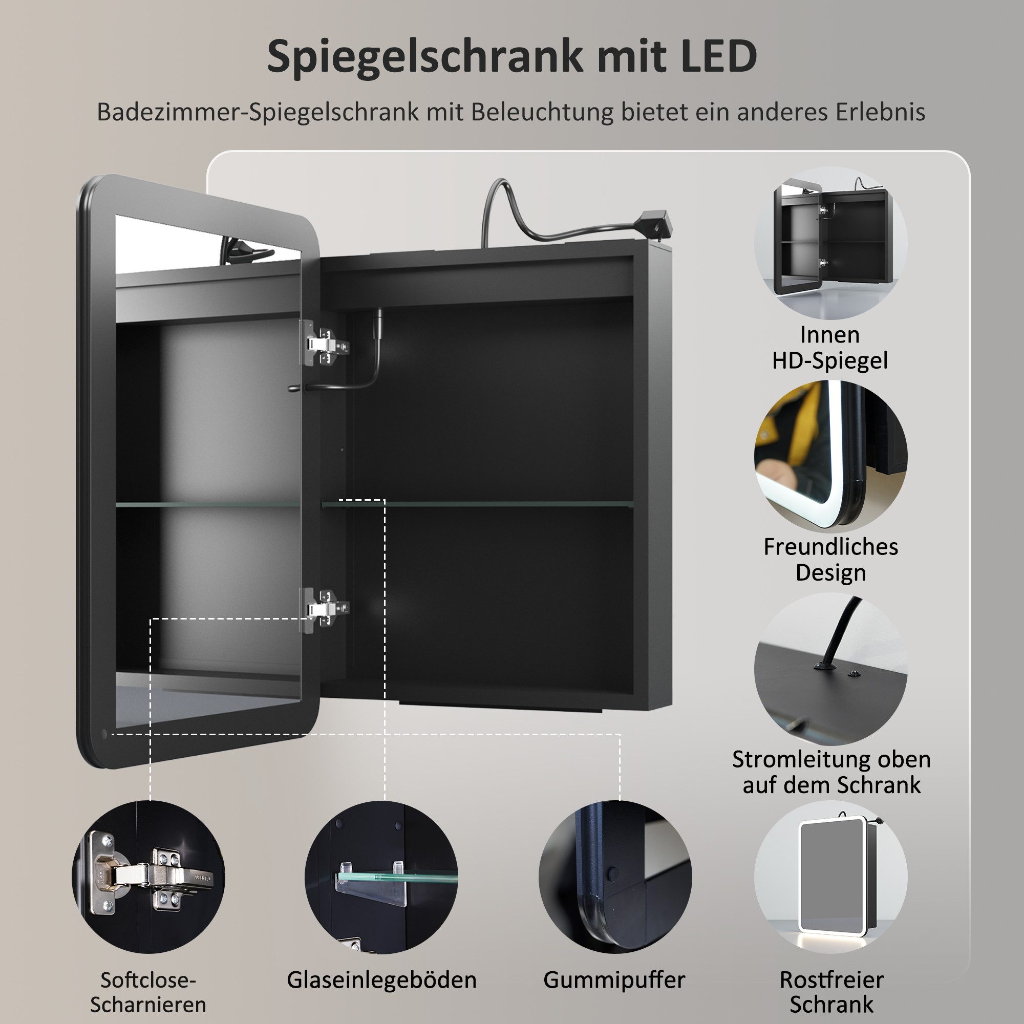 WDWRITTI Spiegelschrank mit beleuchtung 3Lichtmodi Dimmbar Badezimmerspiegelschrank LED 50x70 (LED Wandschrank Hängeschrank Schwarz 1 türig, Speicherfunktion, Doppelseitiger Spiegel) Soft-Close-Funktion, IP44, mit Netzstecker