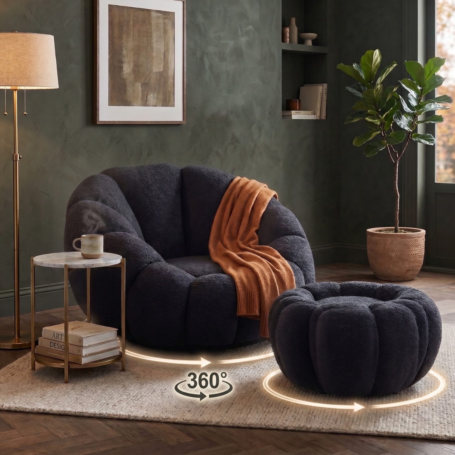 alesvelt Drehsessel Kürbis Sessel 360° Drehfunktion Relaxsessel inkl. Hocker (Set, 2-St), 360° Drehfunktion – Bild 5 von 5